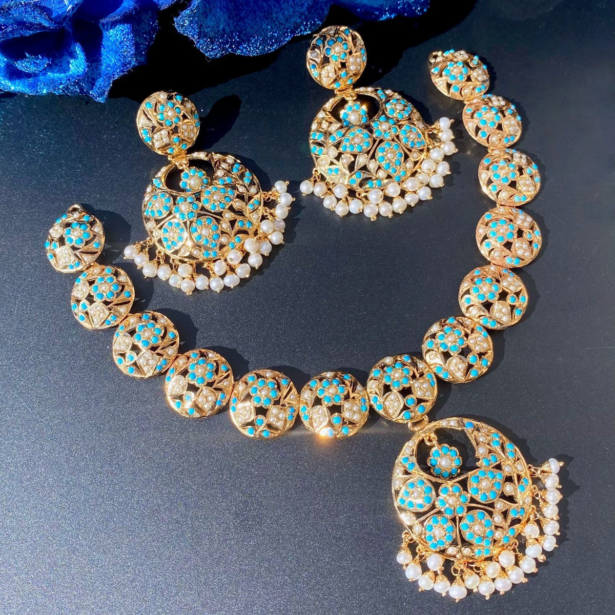 jadau necklace set with pearls and feroza