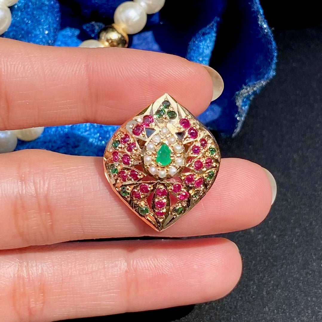 delicate ruby emerald pearl ring