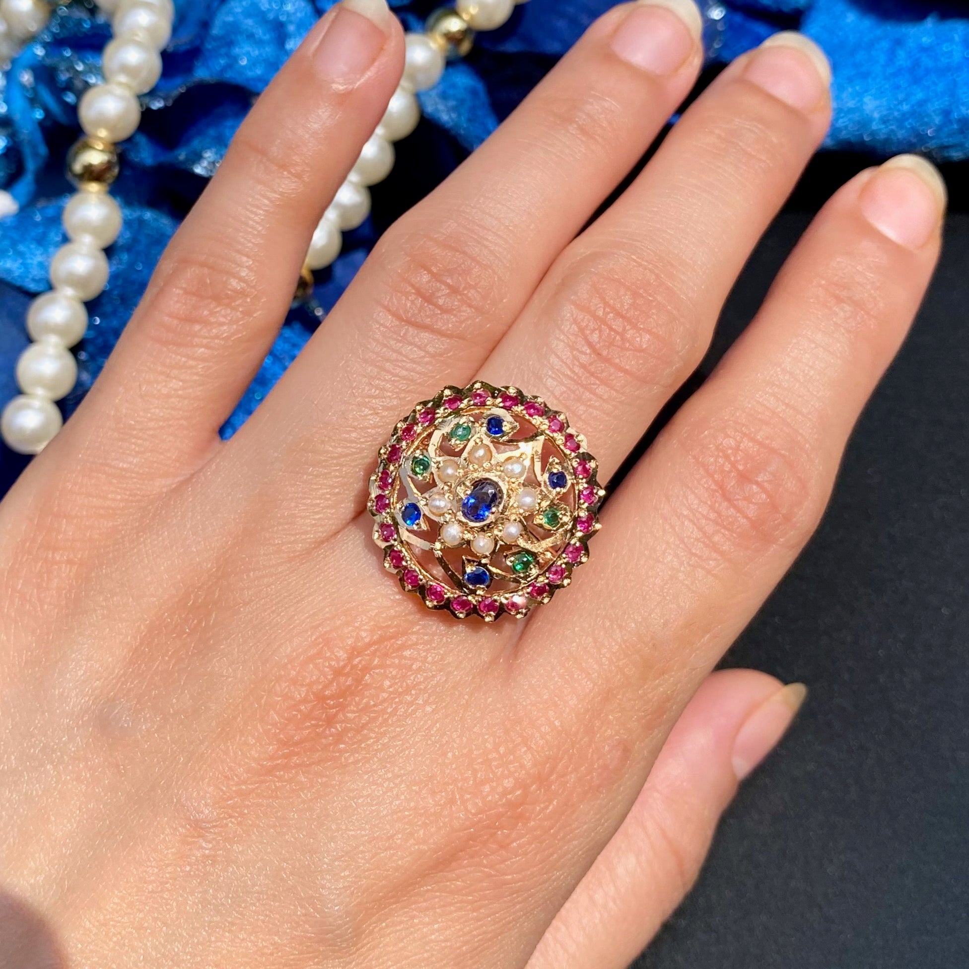 multicoloured jadau ring gold polished