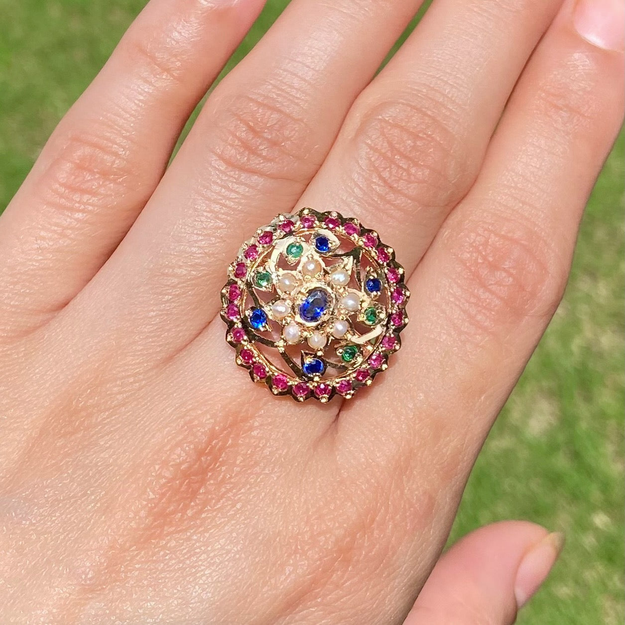 multicoloured jadau ring gold polished