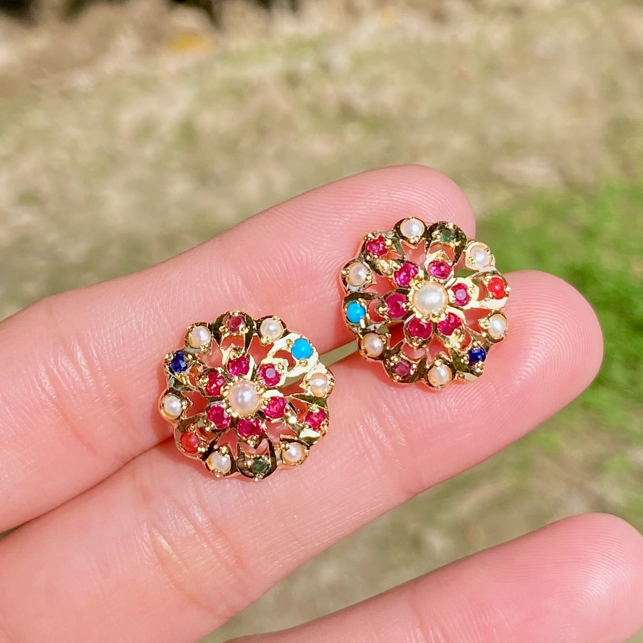 Exquisite Jadau Studs | Gold Plated on Mixed Metal Base BER 096