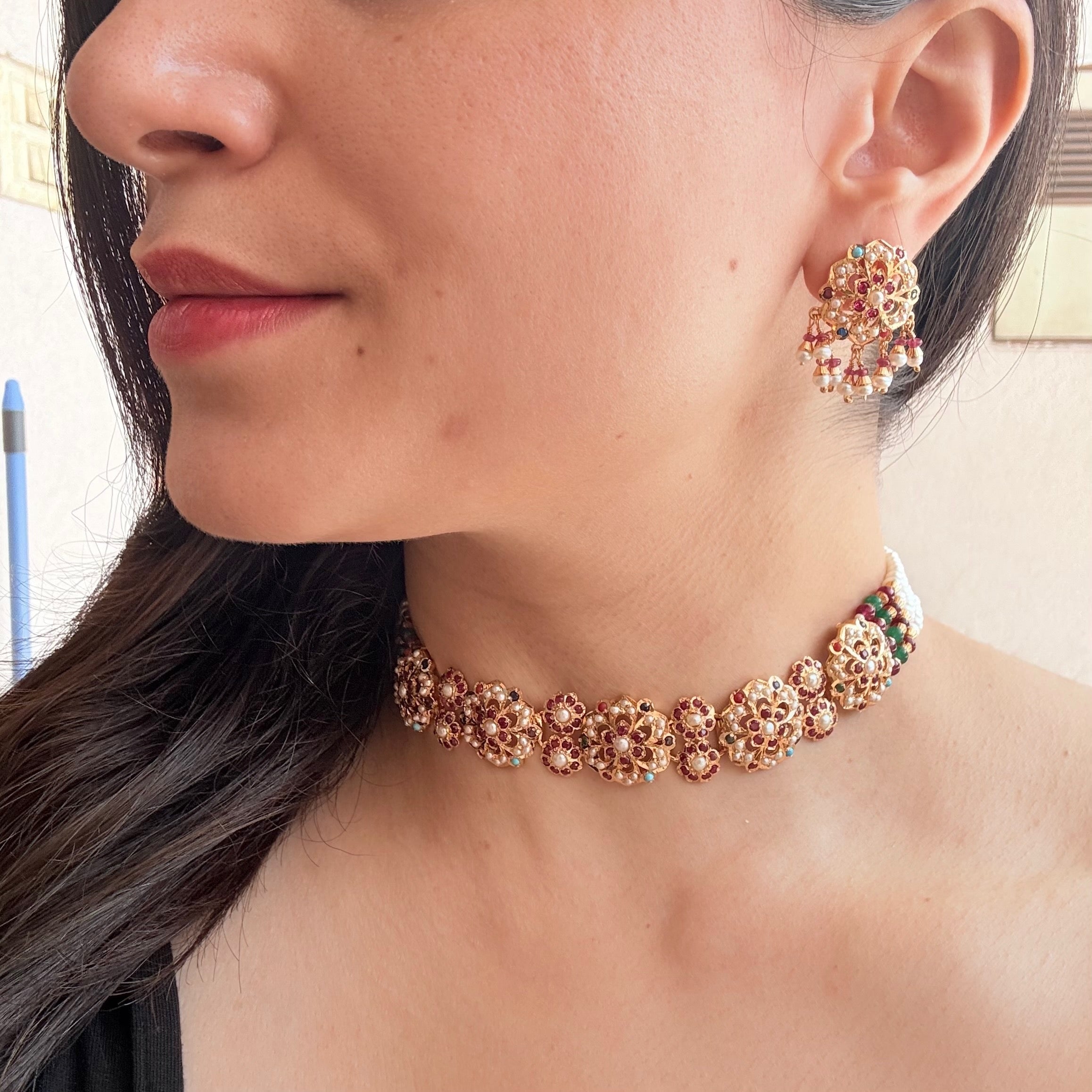 Sleek Floral Navratna Pearl Choker Set | Gold Plated on Silver NS 457