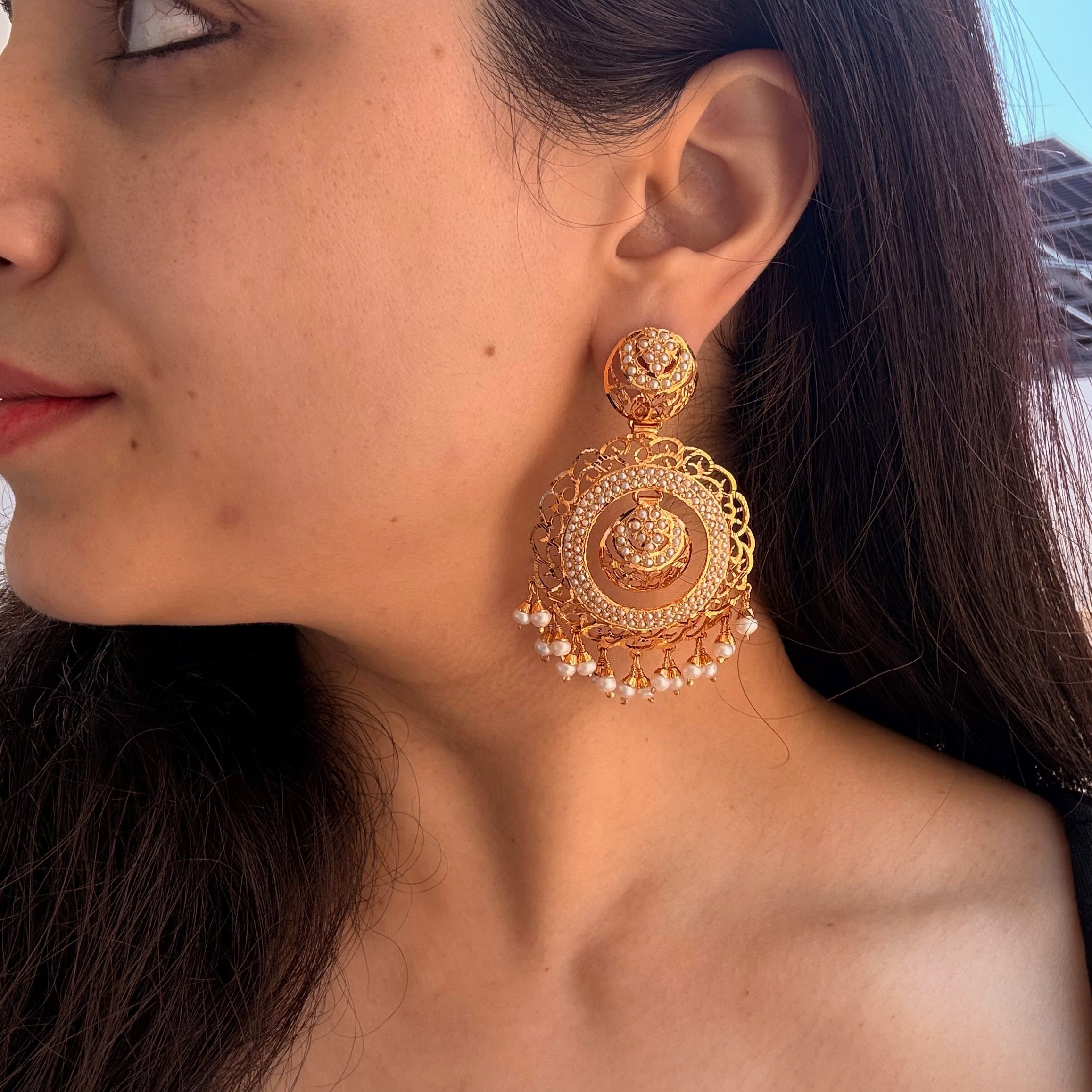 Pearl Filigree Chandbali Earrings | Gold Plated on 925 Silver ER.705