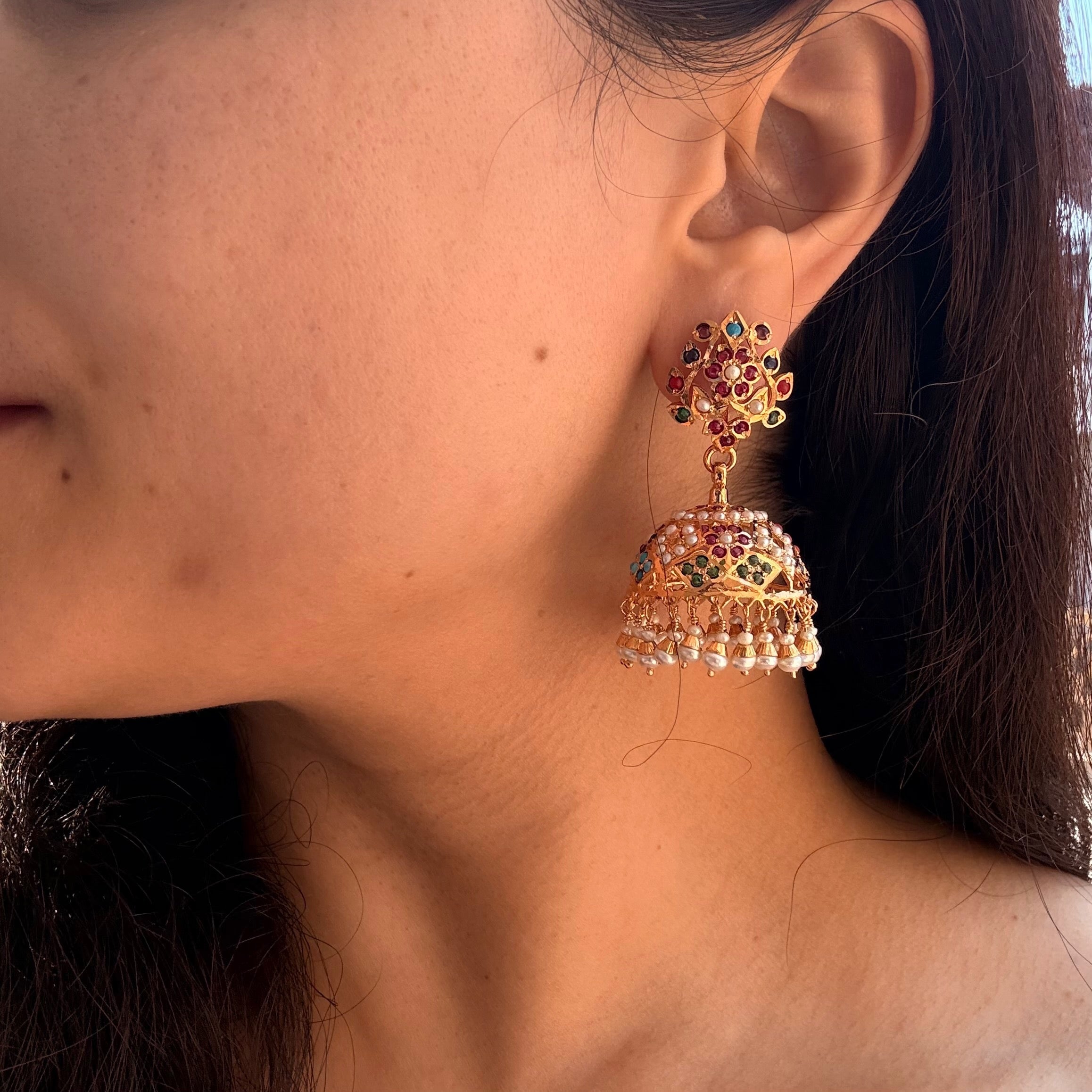 Navratna Pearl Jadau Jhumka Earrings | Gold Plated 925 Silver ER 708