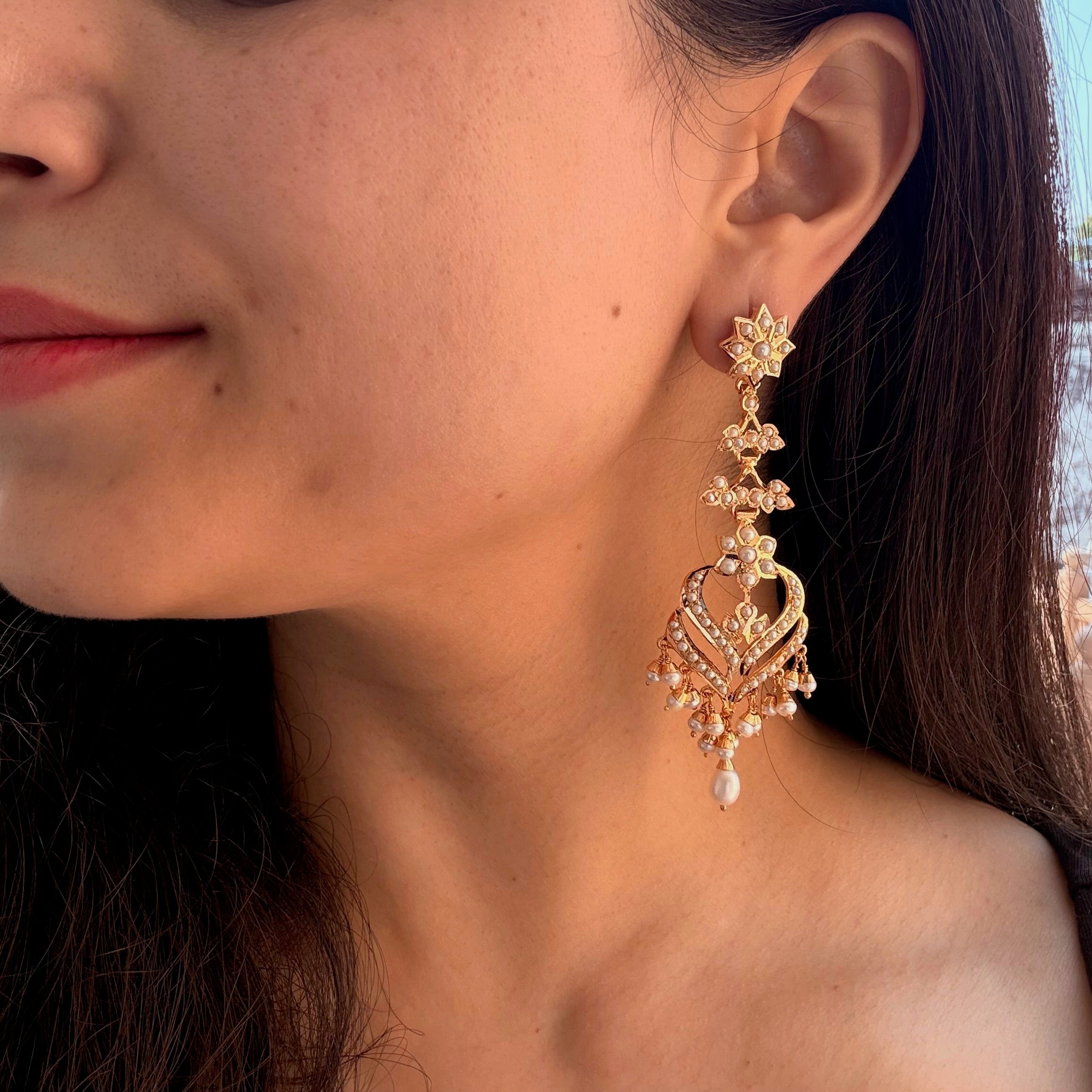 Pearl Lotus Jadau Long Earrings | Gold Plated on Silver ER 704