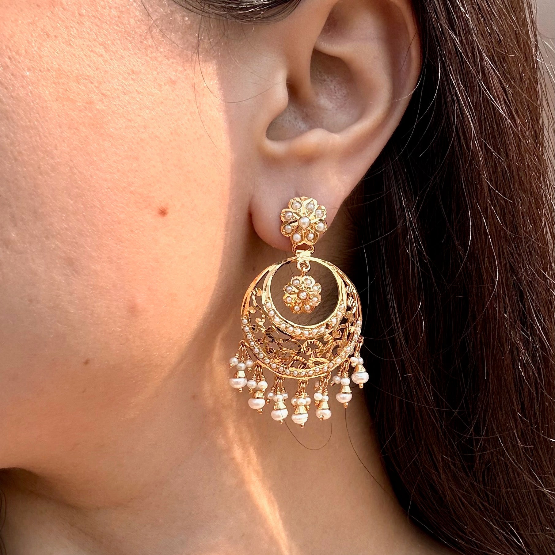 Pearl Openwork Chandbali Earrings | Gold Plated Silver ER 714