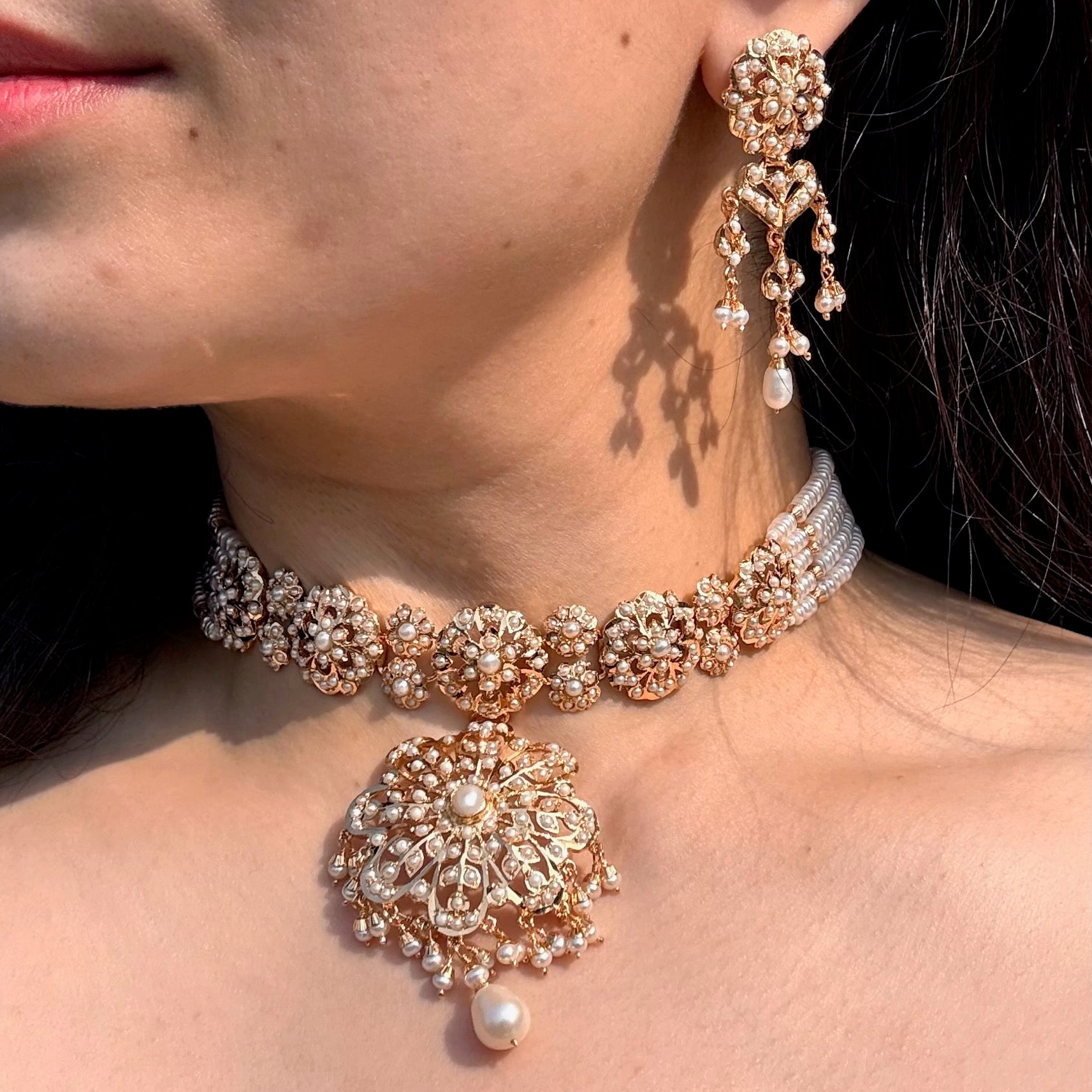 Exquisitely Crafted Pearl Choker Set | Gold Plated on 925 Silver NS 454