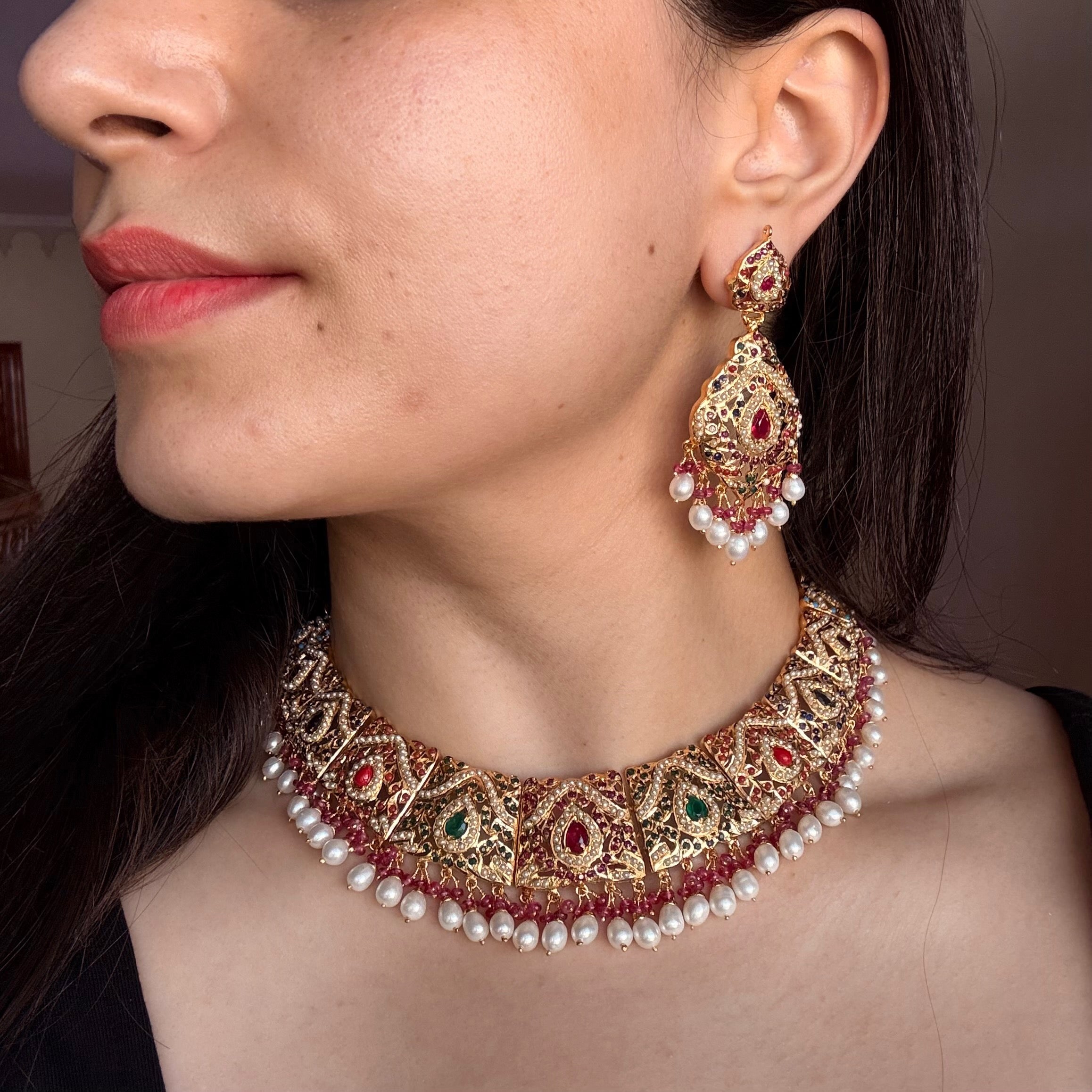 Navratna-Inspired Exquisite Jadau Collar Set | Gold Plated on 925 Silver NS 466