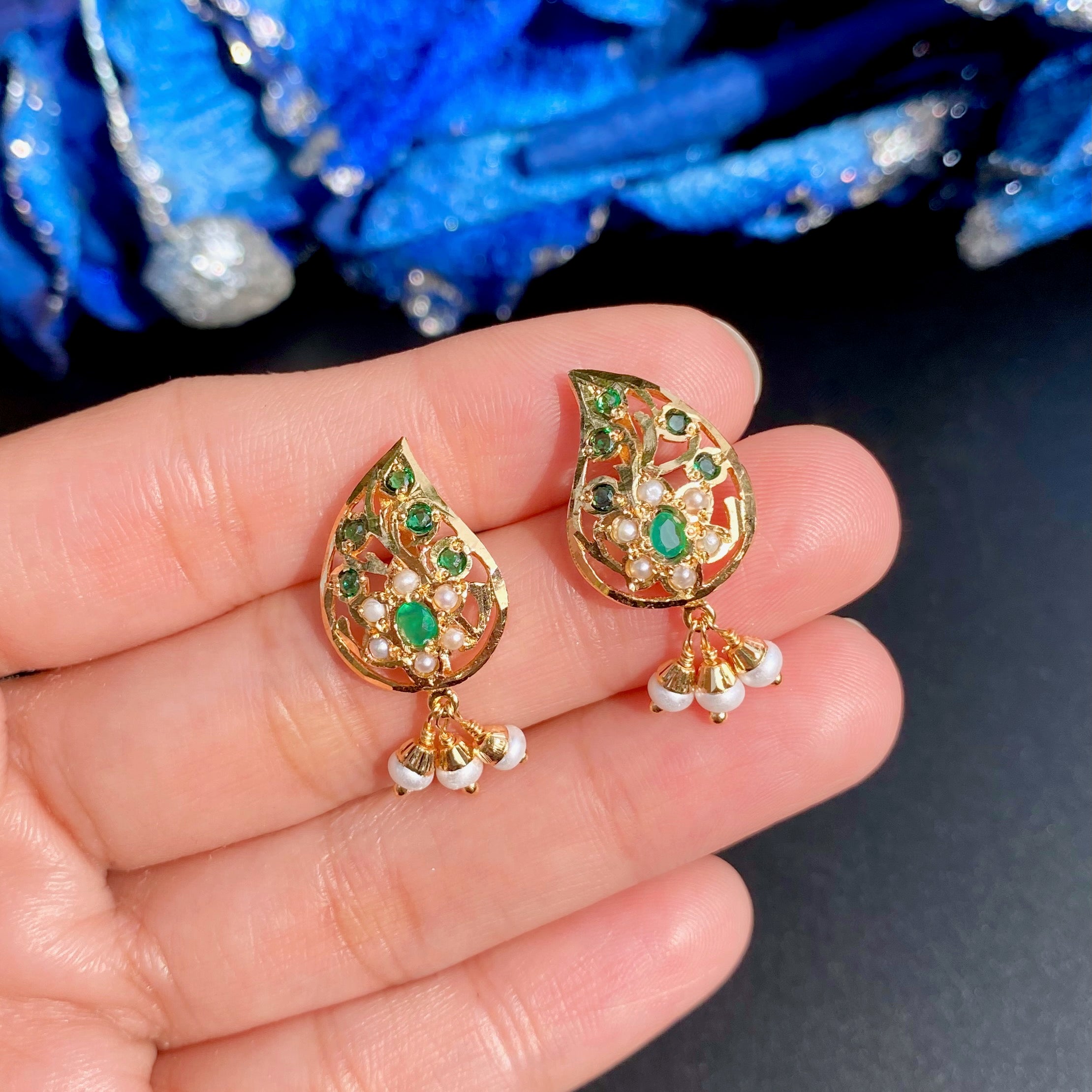 Pearl & Emerald Green Jadau Studs | Gold Plated on Mixed Metal Base BER 108