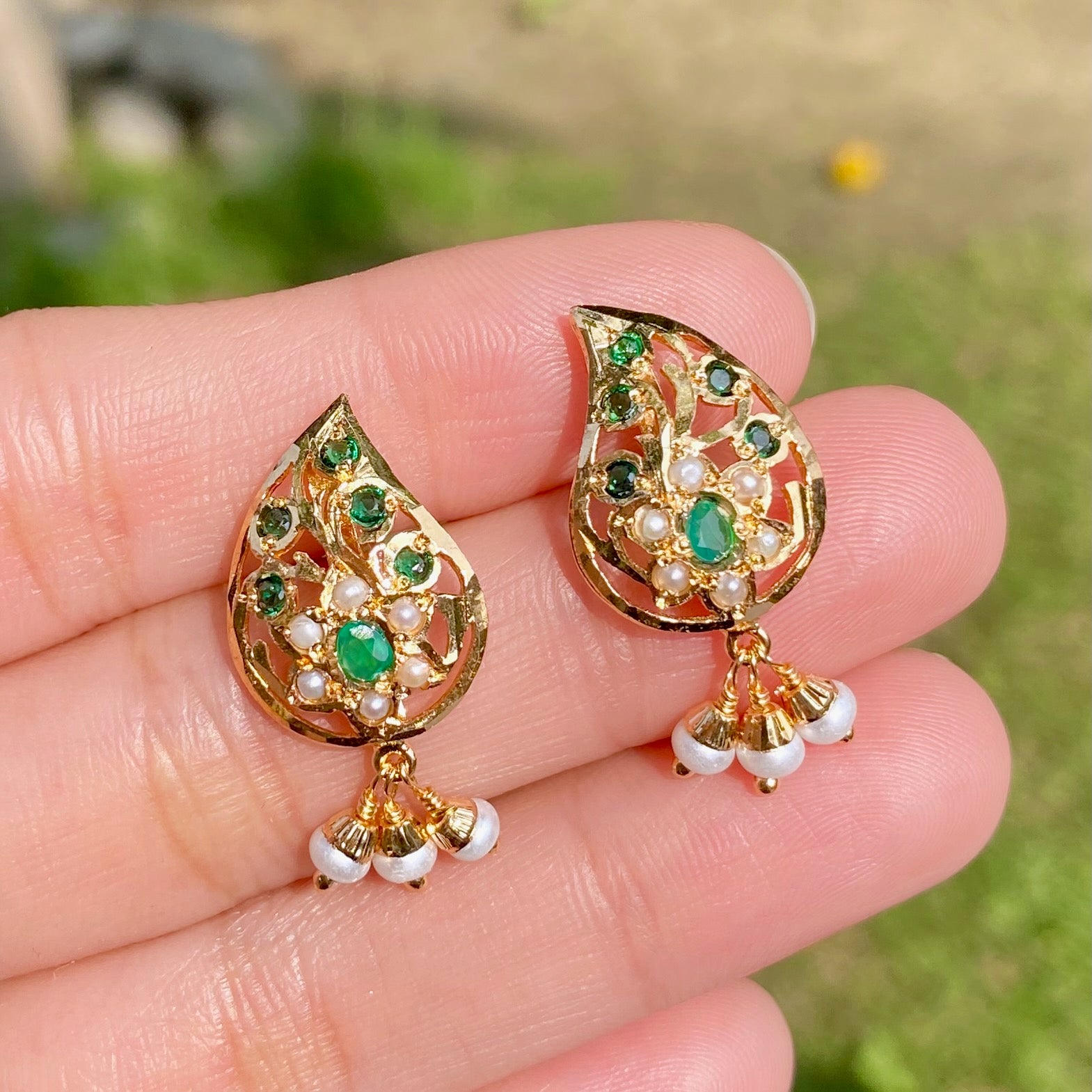 Pearl & Emerald Green Jadau Studs | Gold Plated on Mixed Metal Base BER 108