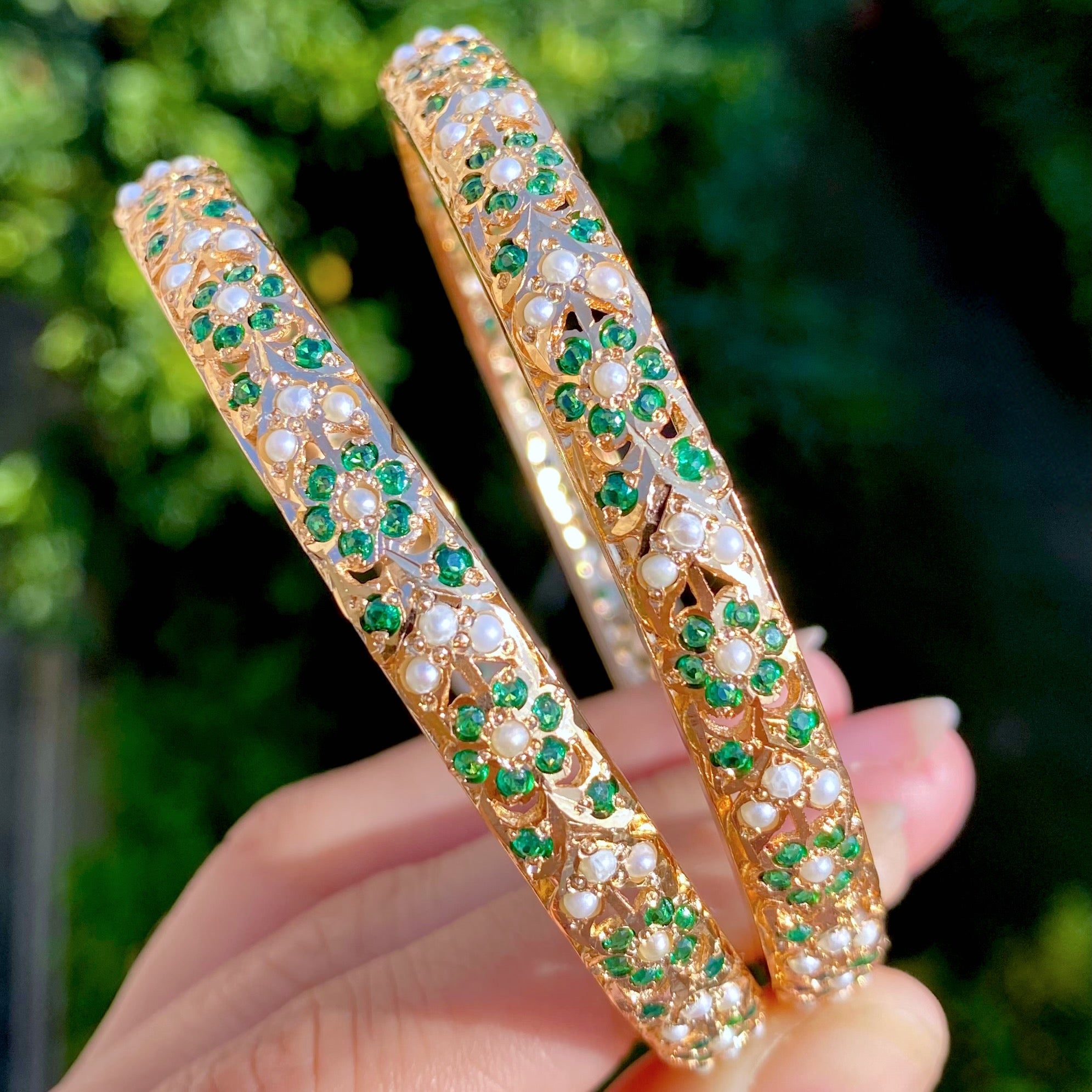 Classic Emerald Pearl Jadau Bangles | Gold Plated Silver Bangles BG 167