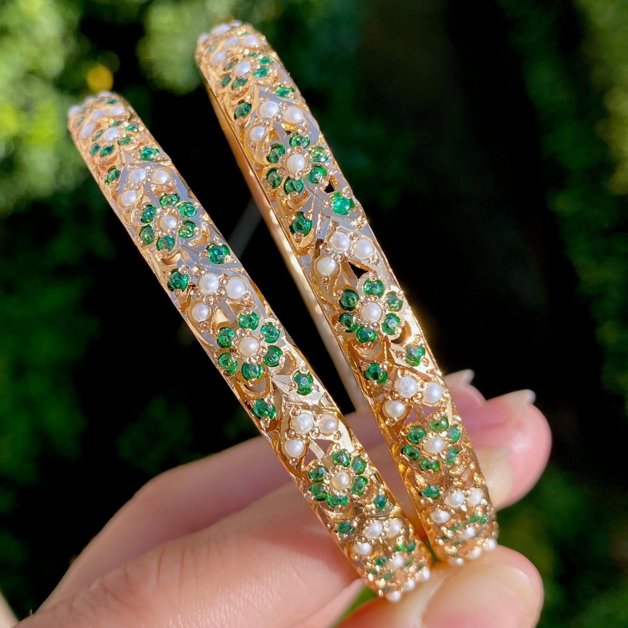 Classic Emerald Pearl Jadau Bangles | Gold Plated Silver Bangles BG 167
