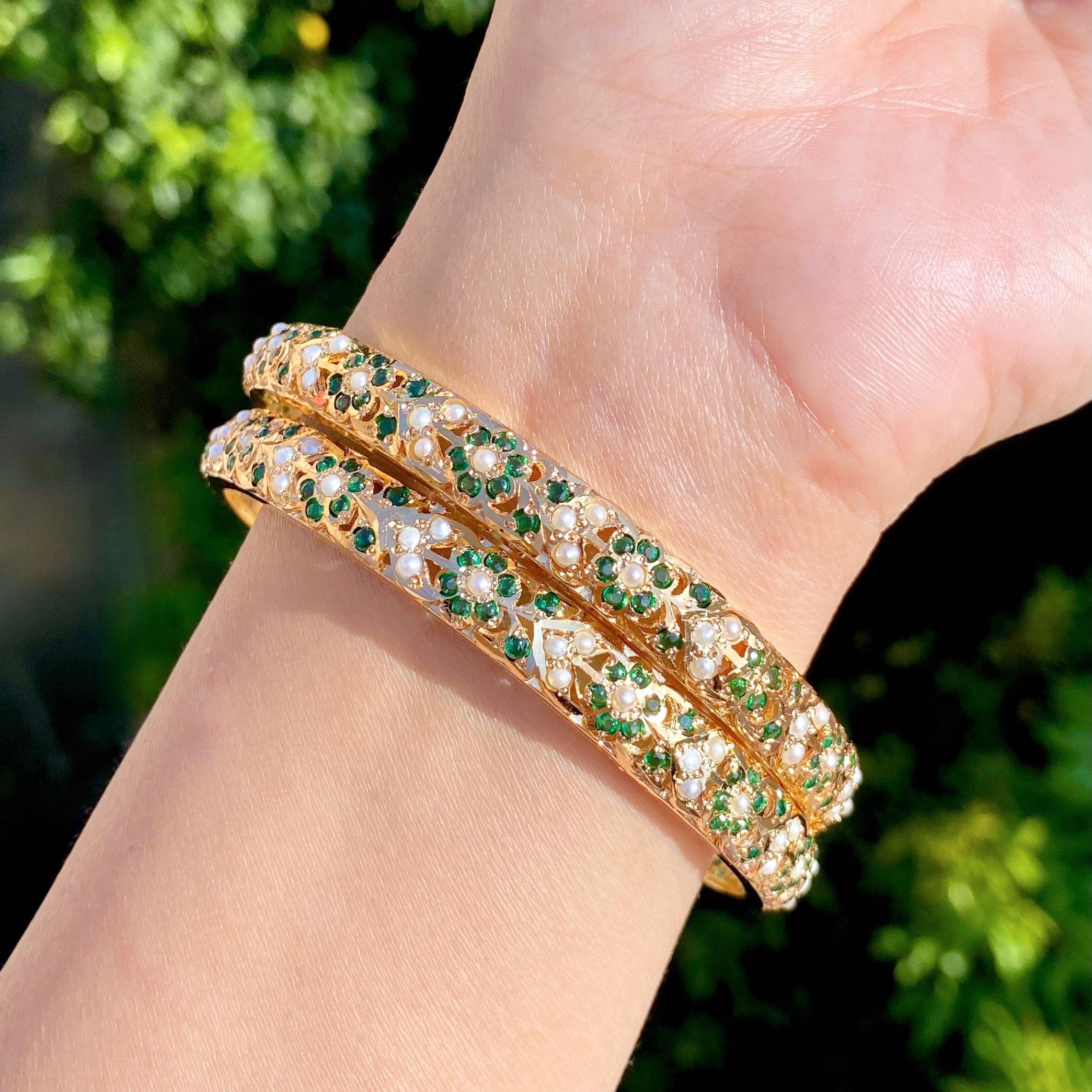 Classic Emerald Pearl Jadau Bangles | Gold Plated Silver Bangles BG 167