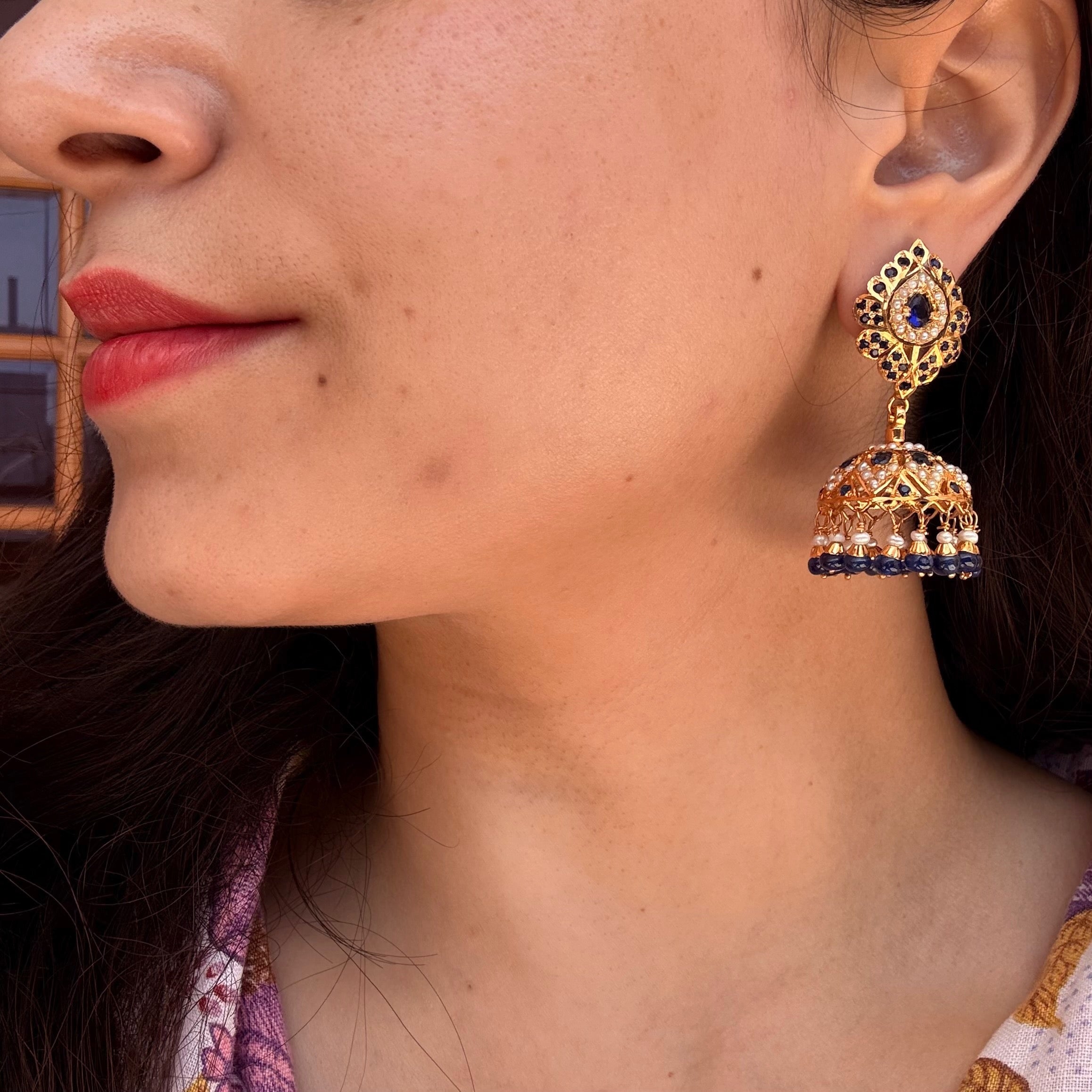 Royal Blue Pearl Jadau Jhumka Earrings | Gold Plated Silver ER 712