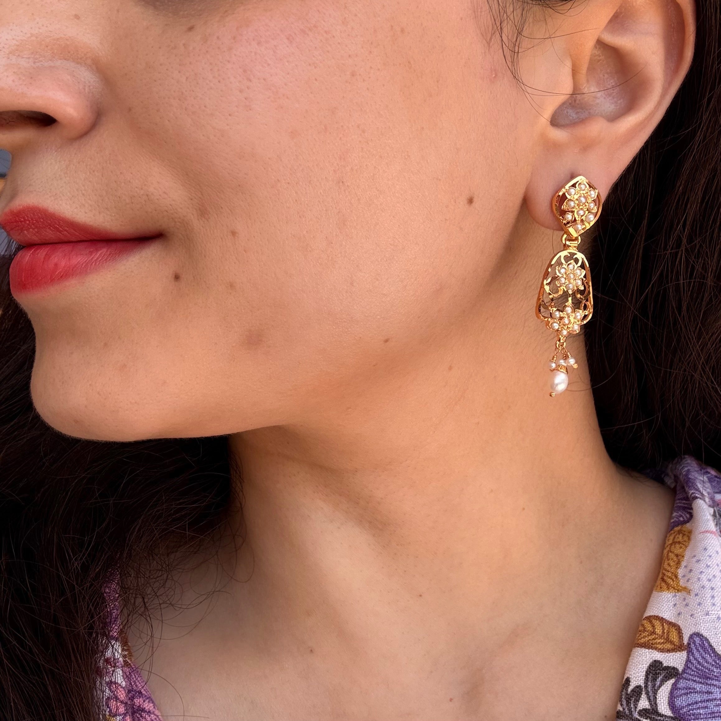 Pearl Openwork Jadau Drop Earrings | Gold Plated Silver ER 713