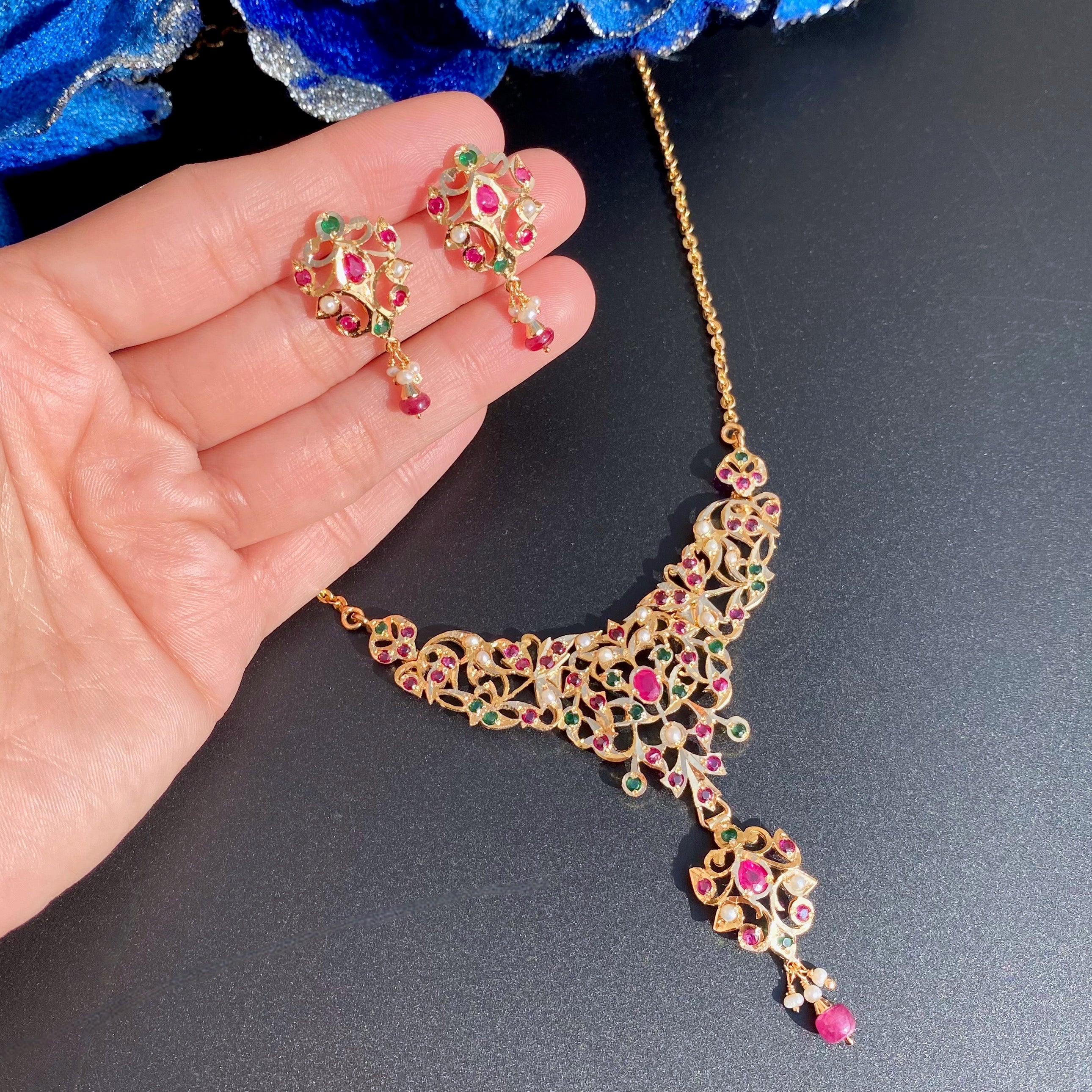 Antique Styled Jadau Chain Necklace Set | Gold Plated on 925 Silver NS 443