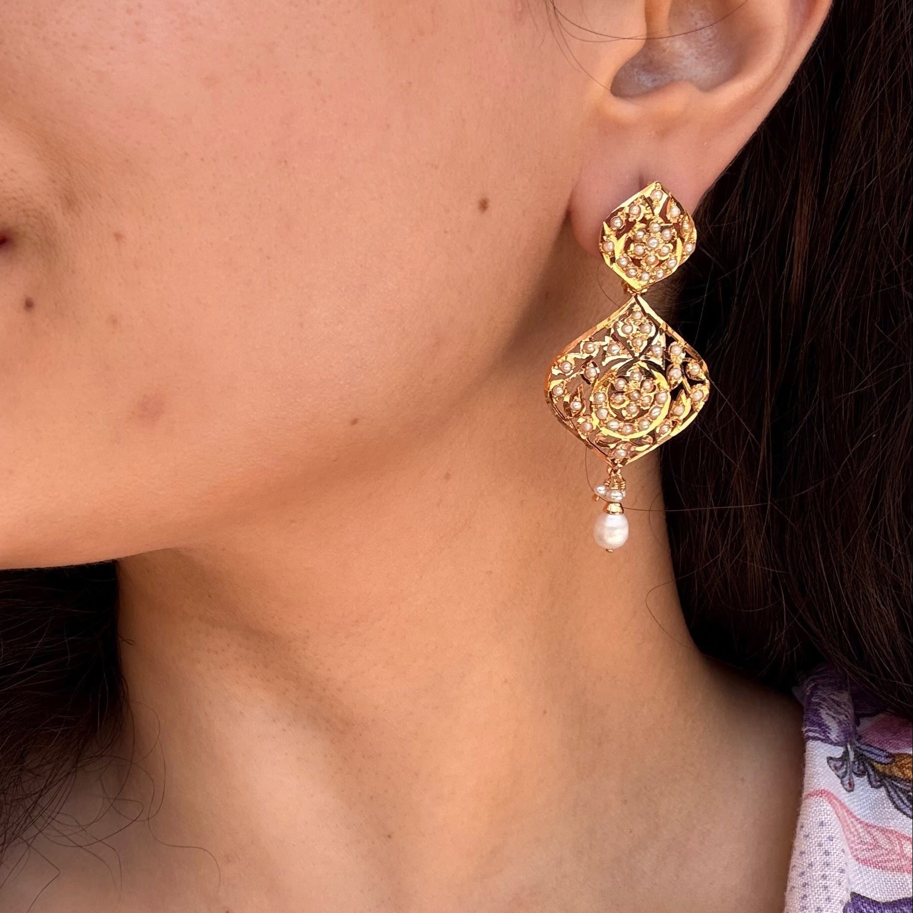 Pearl Lace Drop Jadau Earrings | Gold Plated Silver ER 727