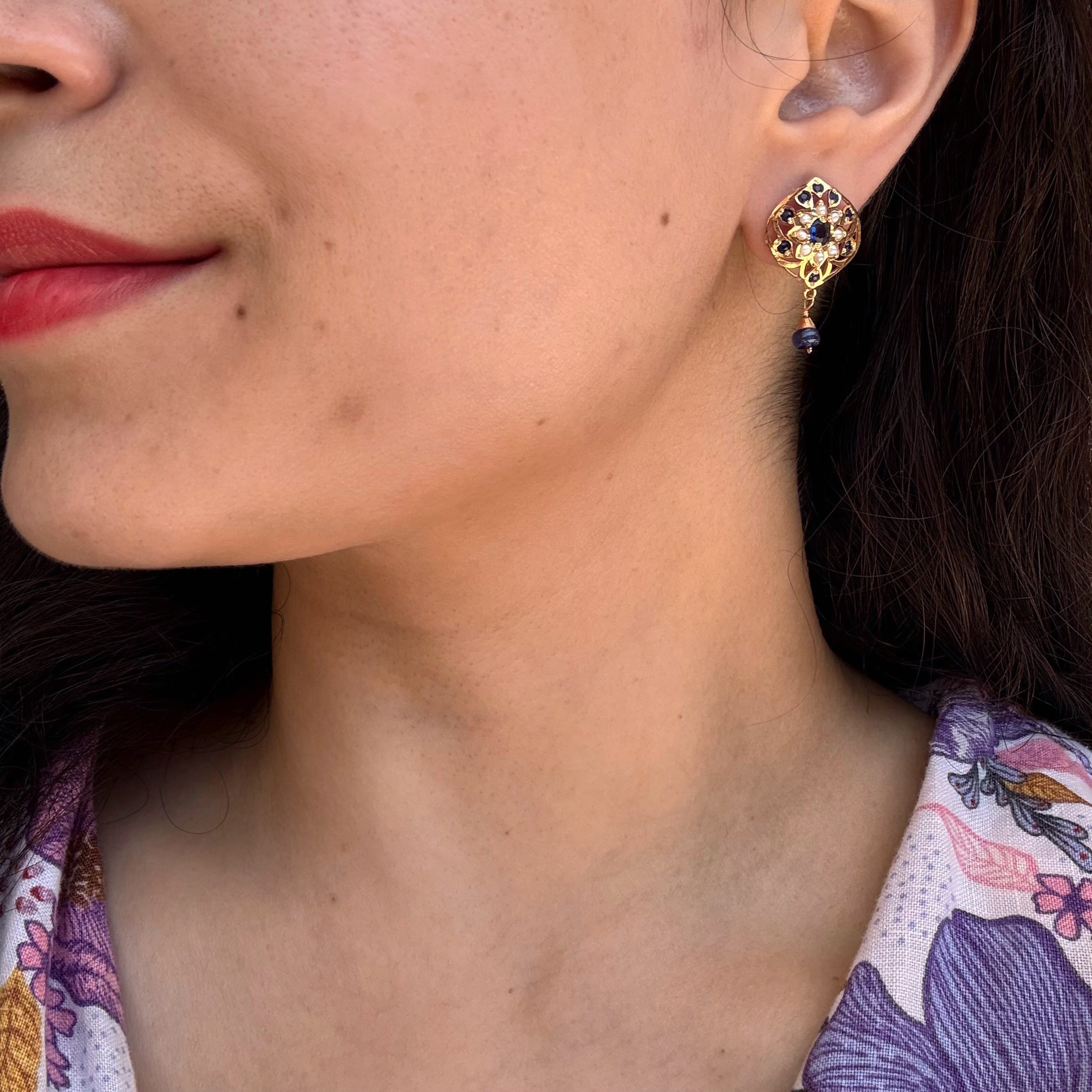 Cute Jadau Stud in Pearl Sapphire Combination | Gold Plated on Silver ER 733