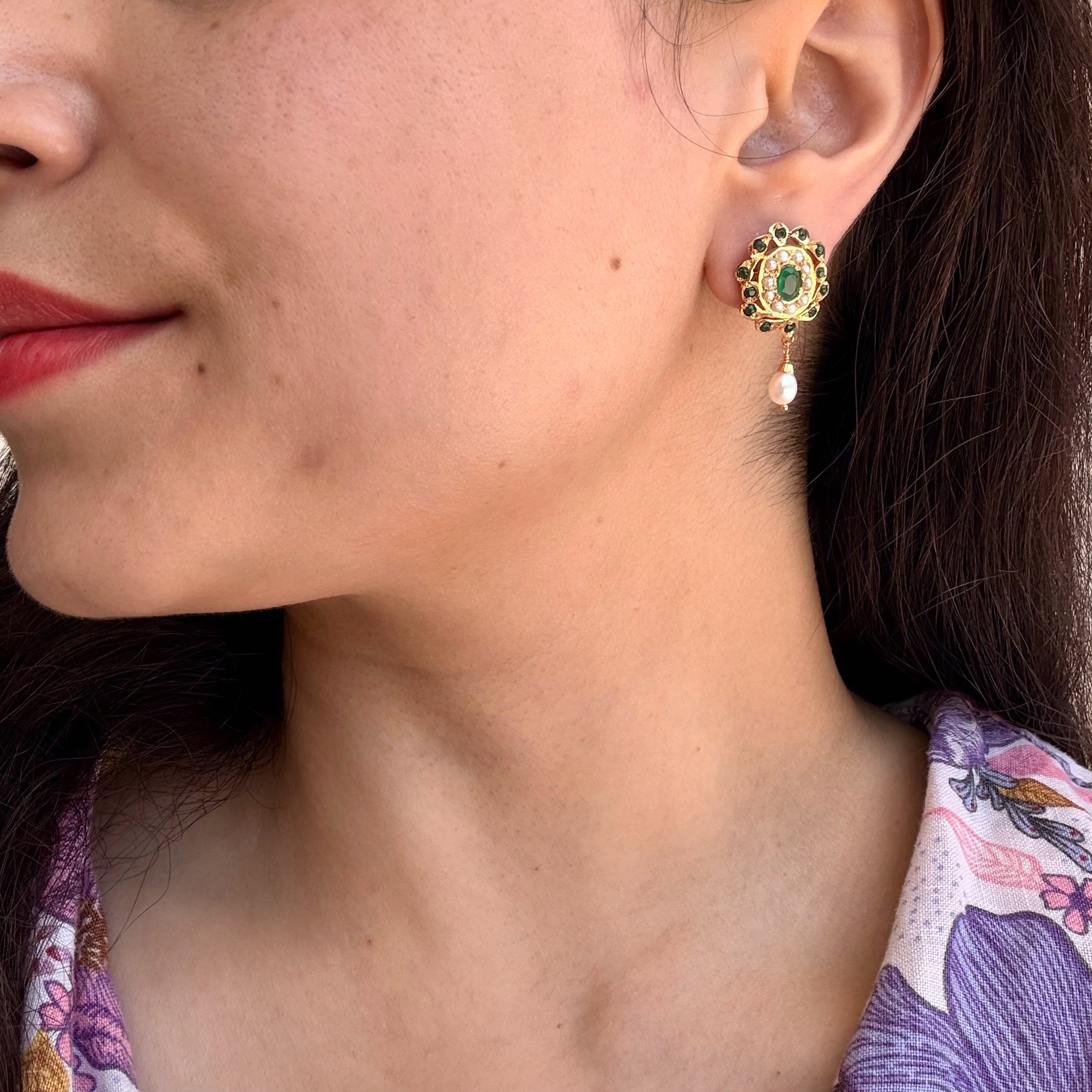 Emerald Pearl Jadau Stud Earrings | Gold Plated on Silver ER 736