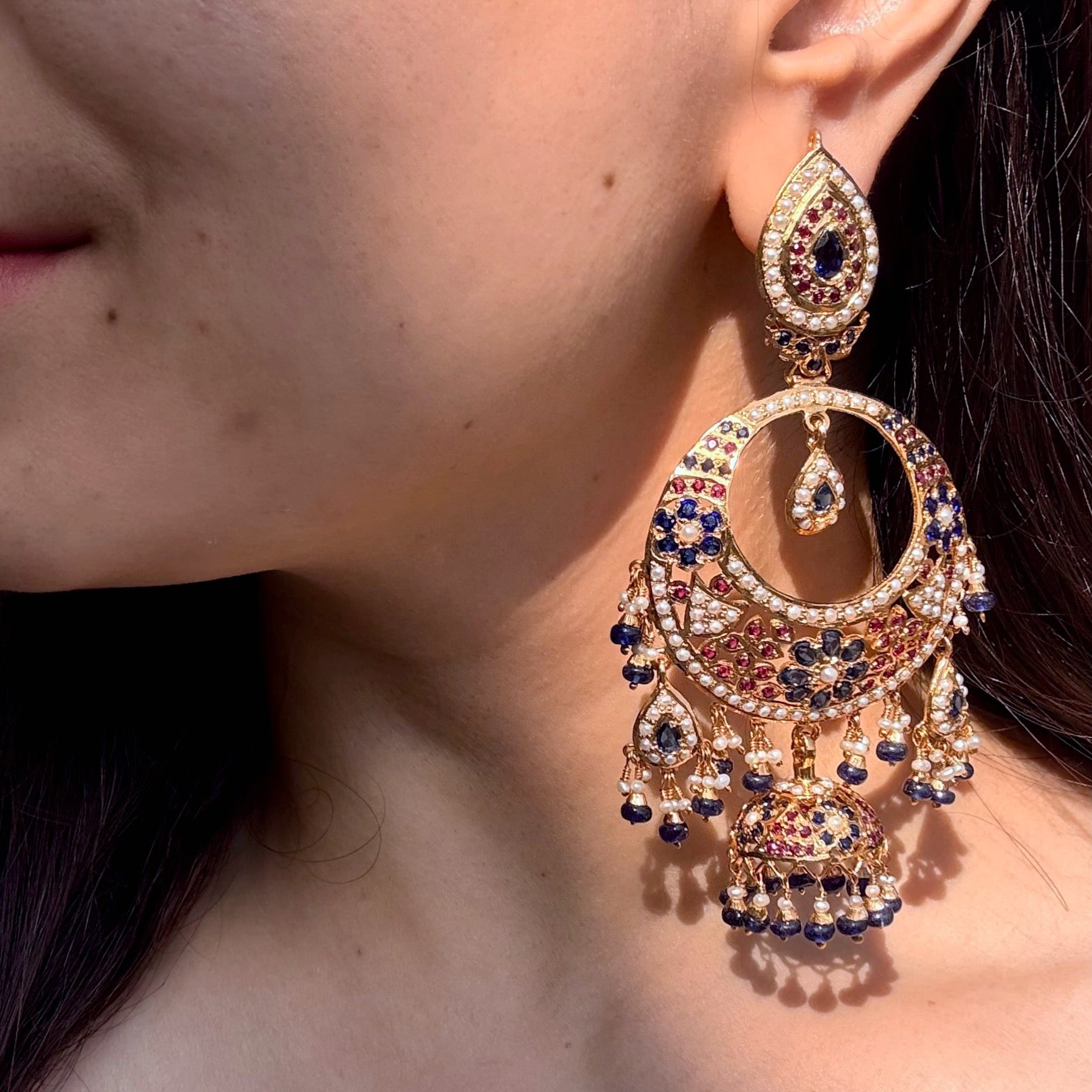 Royal Blue Ruby Chandbali Jhumka Earrings | Gold Plated on Silver ER 720