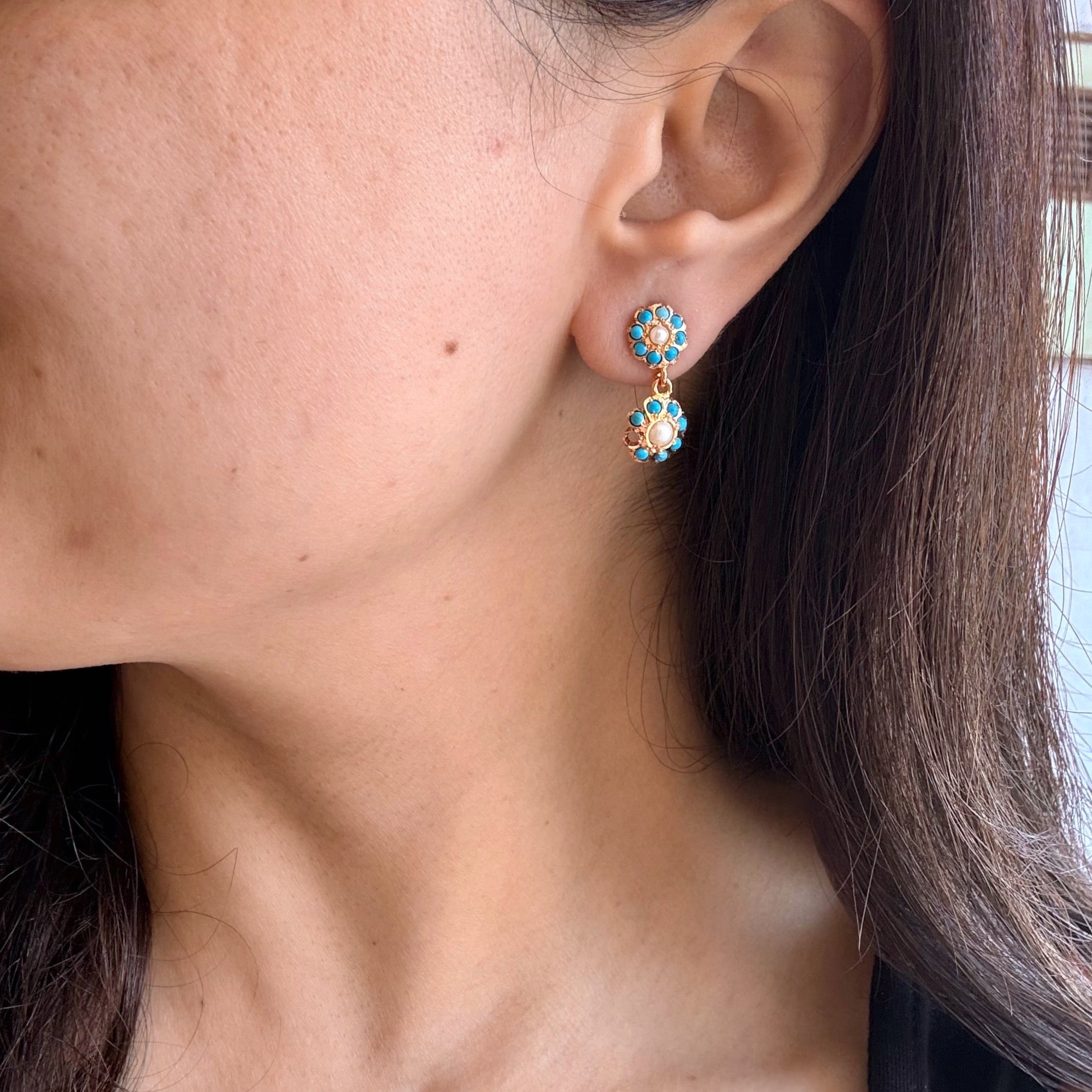 Dainty Turquoise Earrings in Floral Design | Gold Plated on Silver ER 729