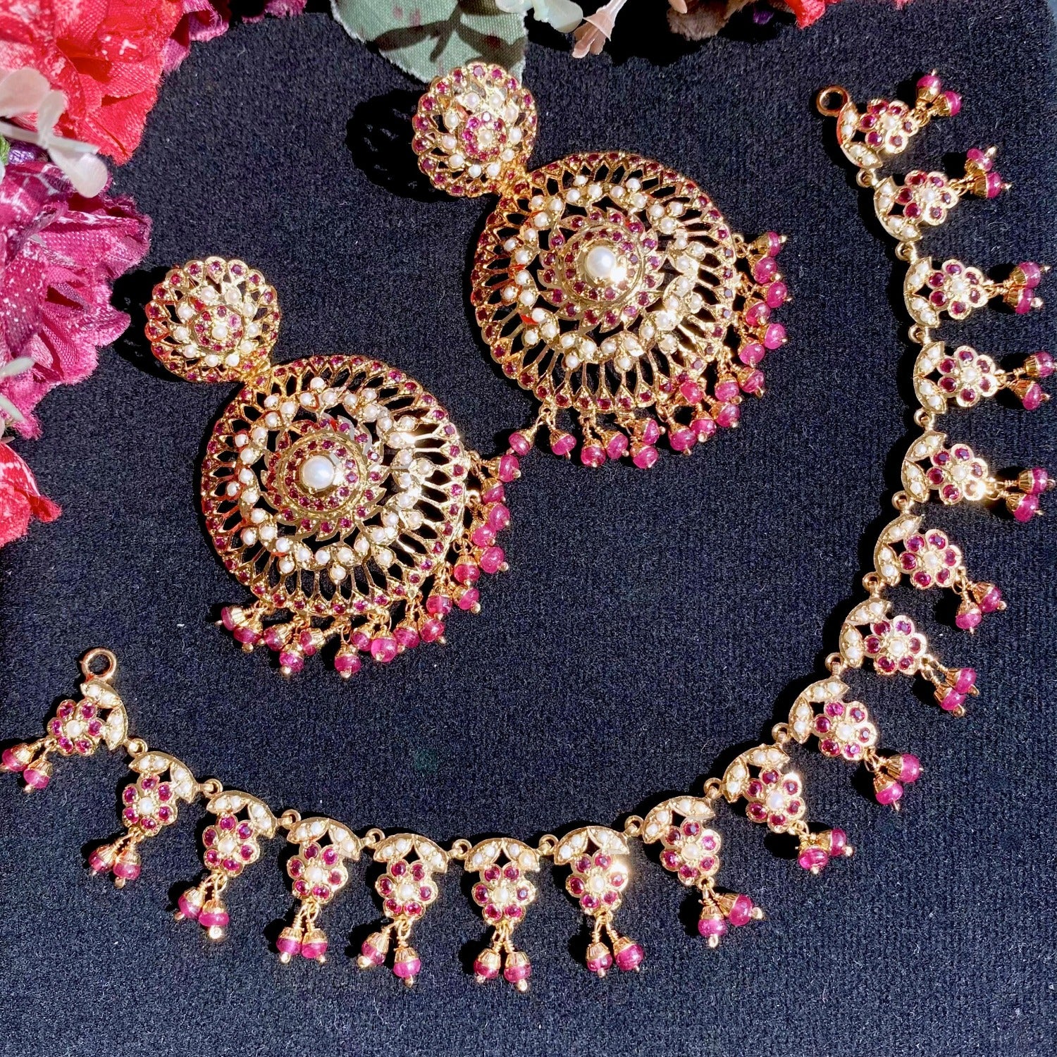 dainty ruby necklace with large earrings