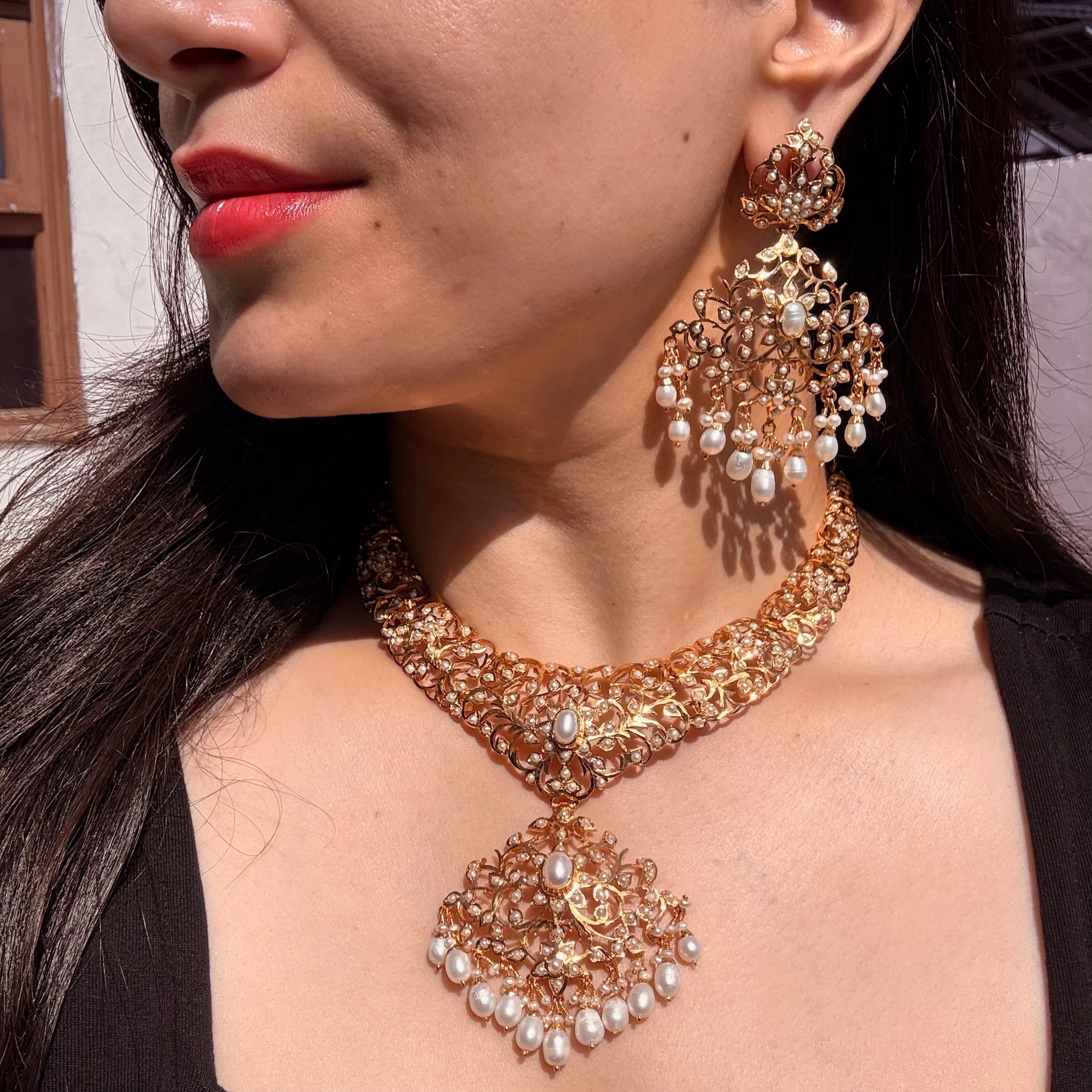Edwardian Pearl Necklace Set with Statement Earrings | Gold Plated on 925 Silver NS 477