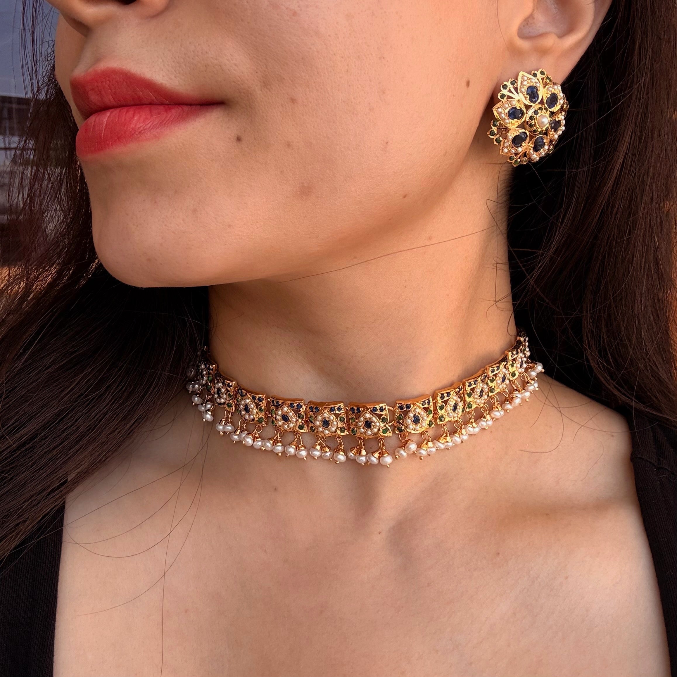 Blue Stone Pearl Jadau Choker Set with Floral Stud Earrings | NS 475