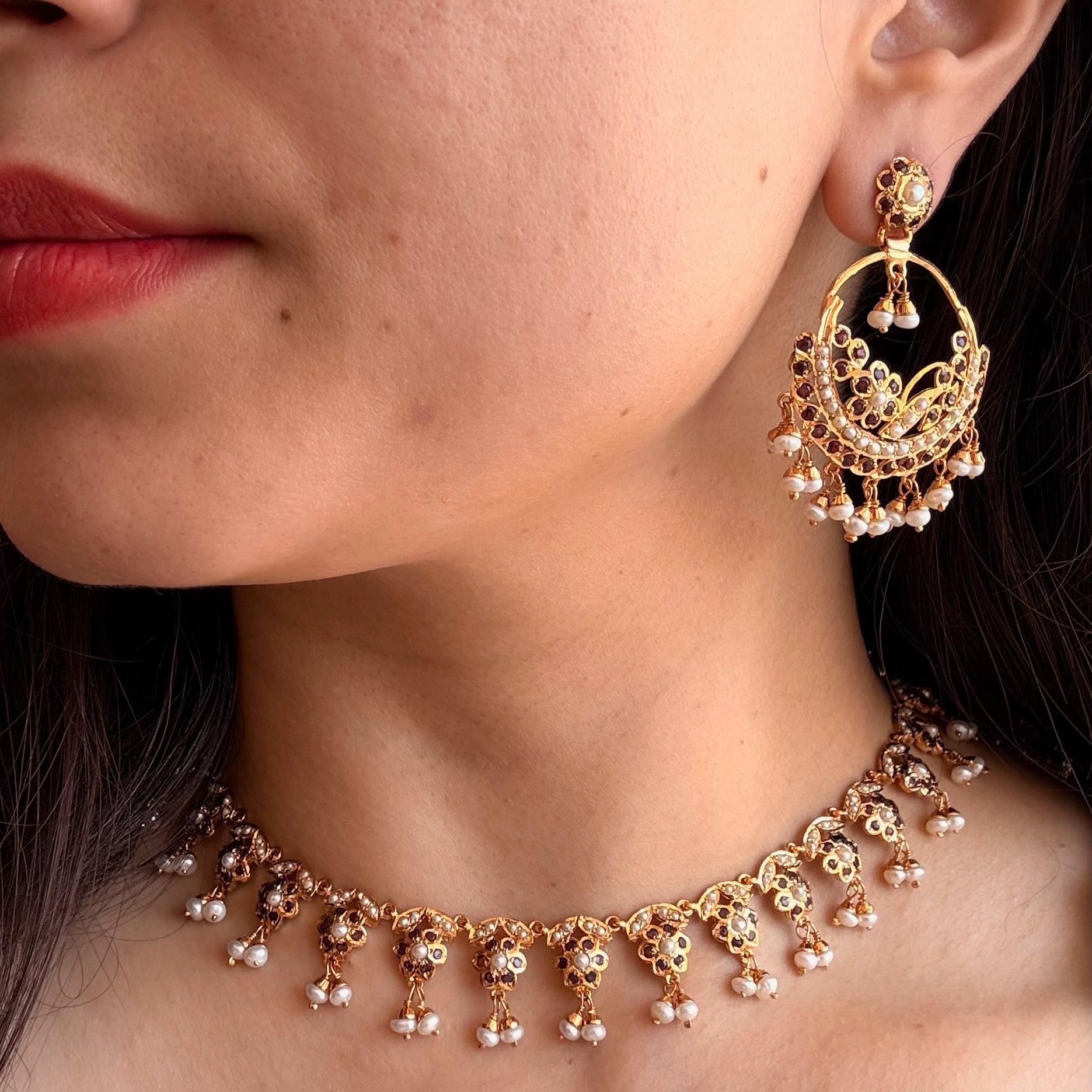 Garnet Pearl Chandbali Necklace Set | Gold Plated on Silver NS 478