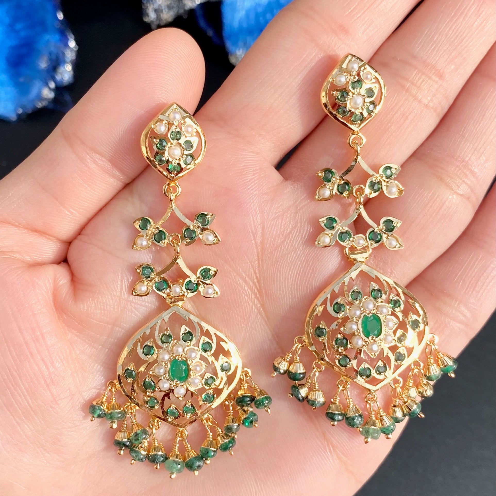 Emerald Green Danglers For Women | Fine Jadau Jewelry on 925 Silver ER 665