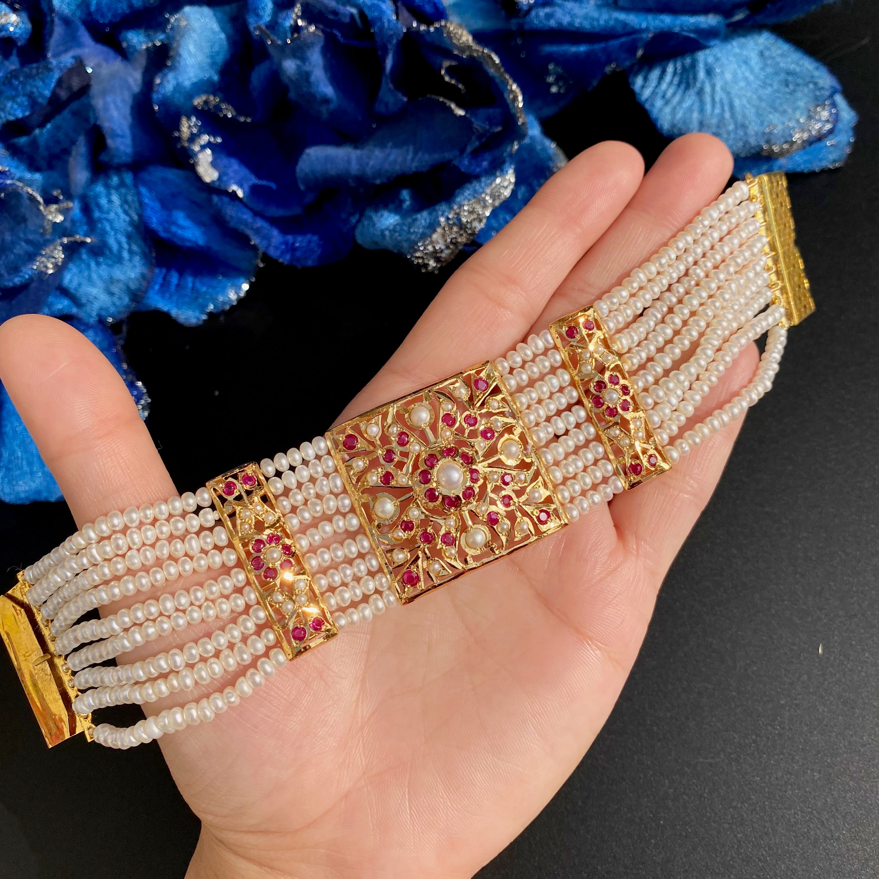 Antique Style Bracelet | 925 Silver Gold Plated with Freshwater Pealrs | Old School Design BG 158