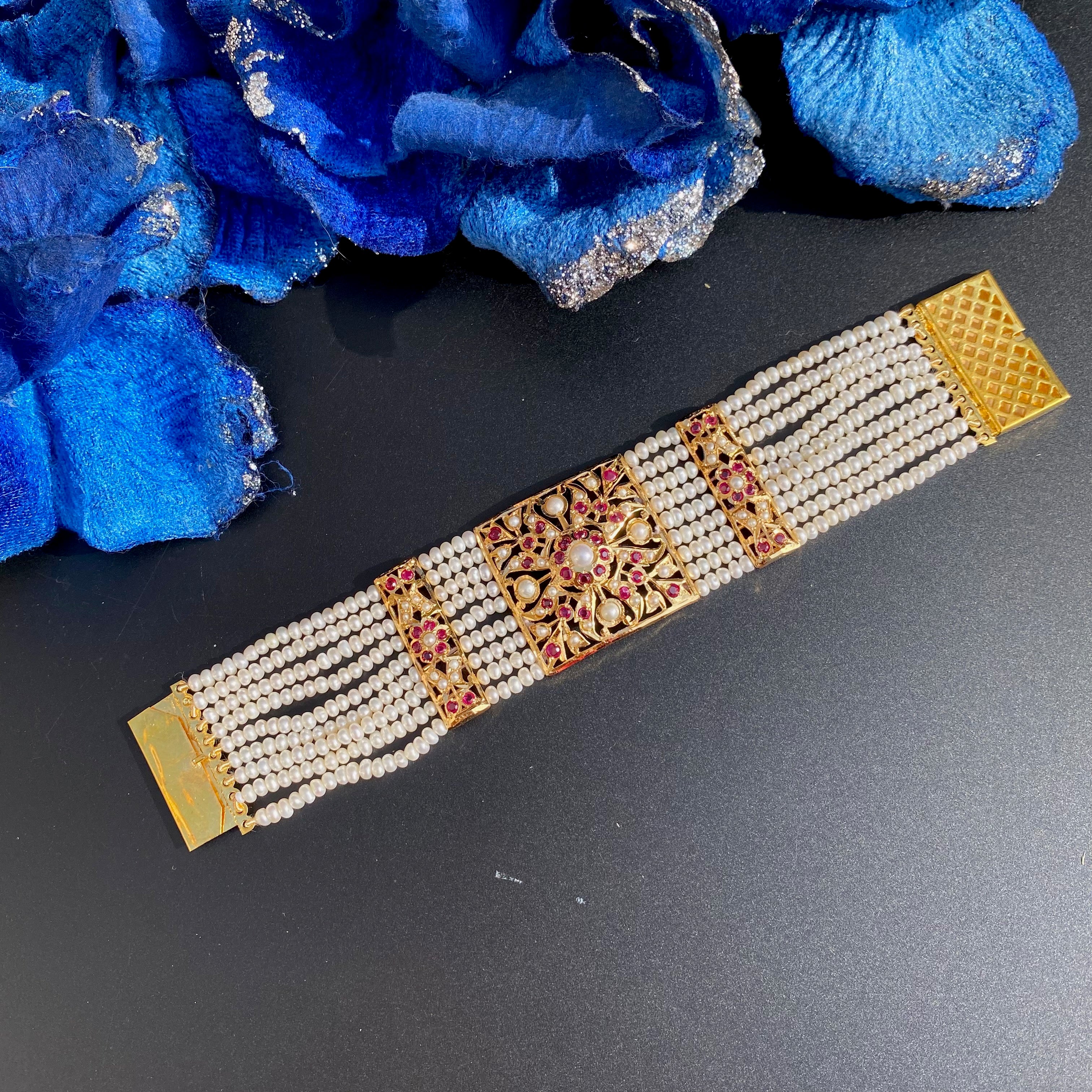 Antique Style Bracelet | 925 Silver Gold Plated with Freshwater Pealrs | Old School Design BG 158