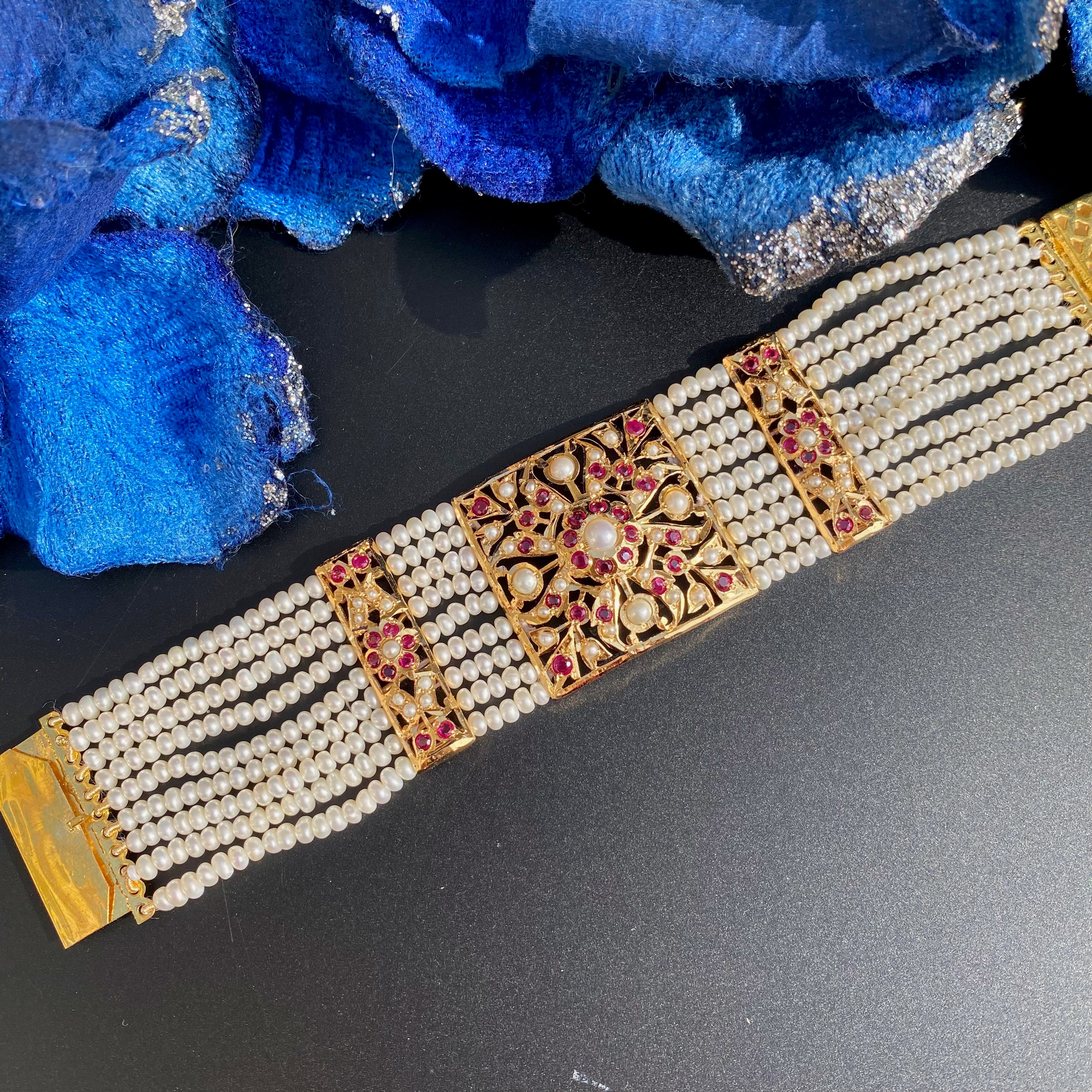 Antique Style Bracelet | 925 Silver Gold Plated with Freshwater Pealrs | Old School Design BG 158