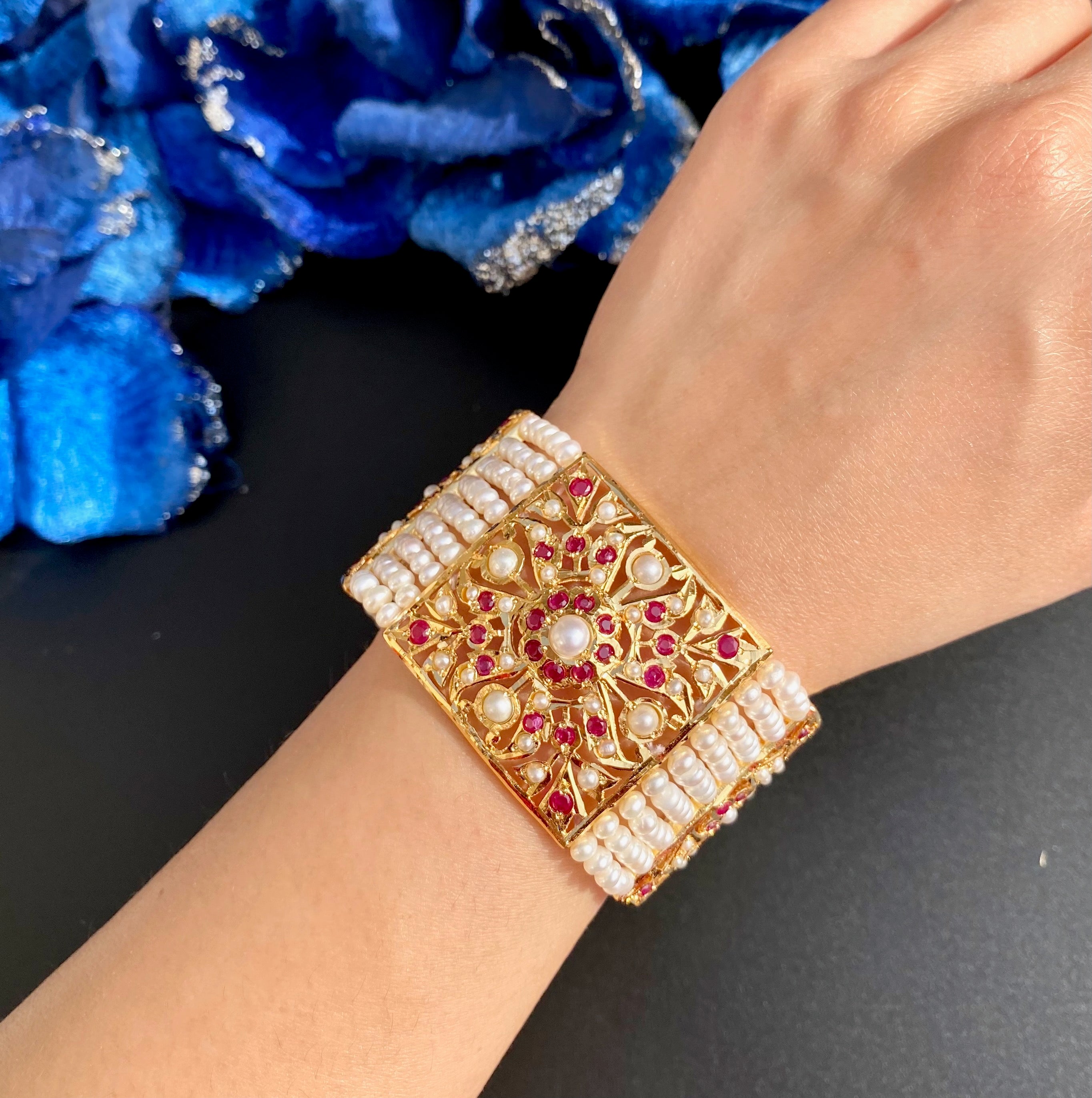 Antique Style Bracelet | 925 Silver Gold Plated with Freshwater Pealrs | Old School Design BG 158