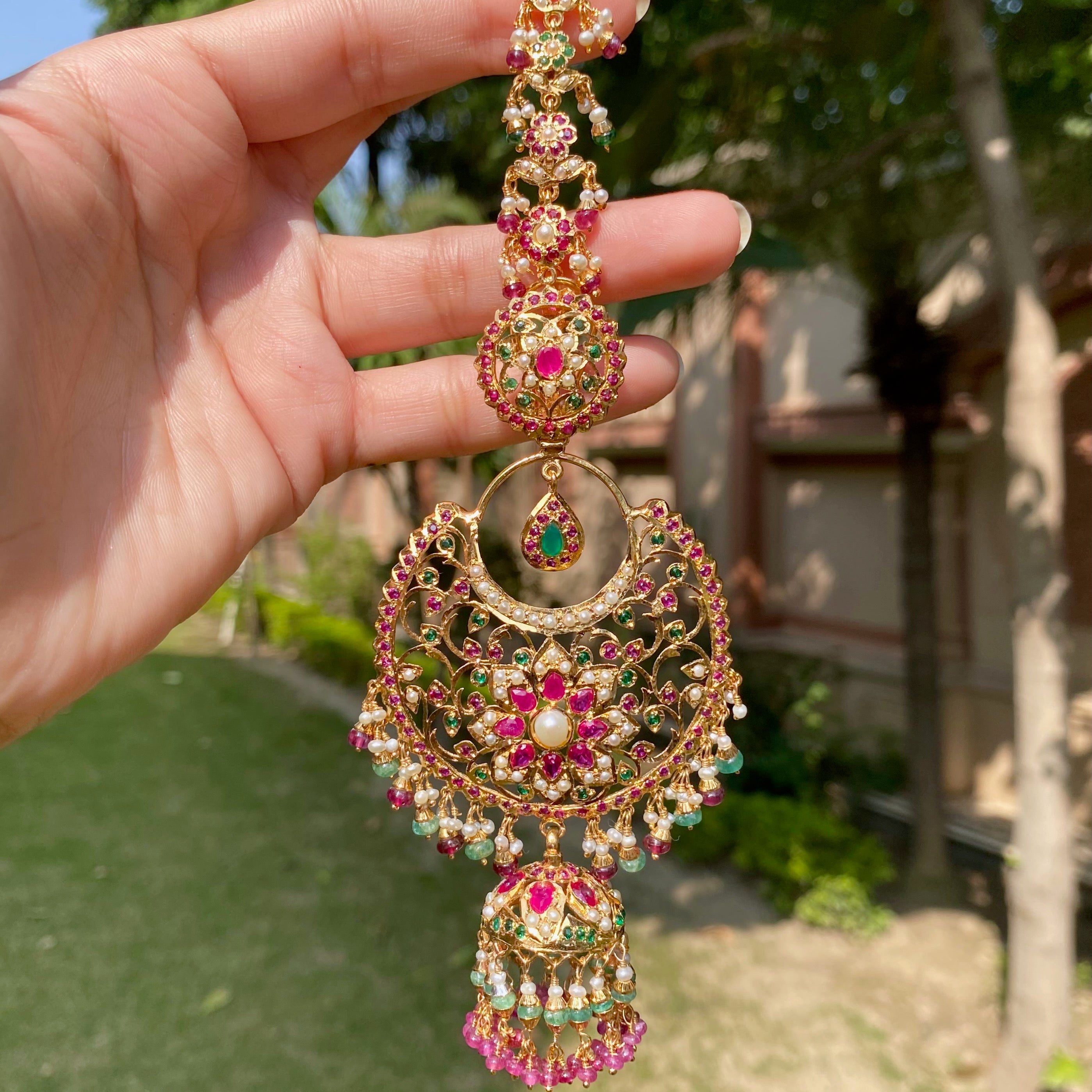 long punjabi jadau chandbali earrings with jhumka at the bottom