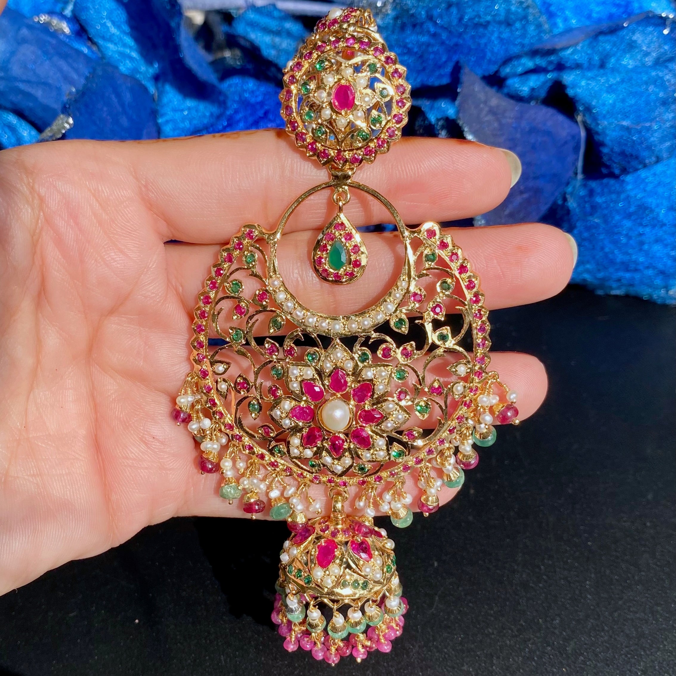 mughal chandbali earrings with ruby emerald and pearls