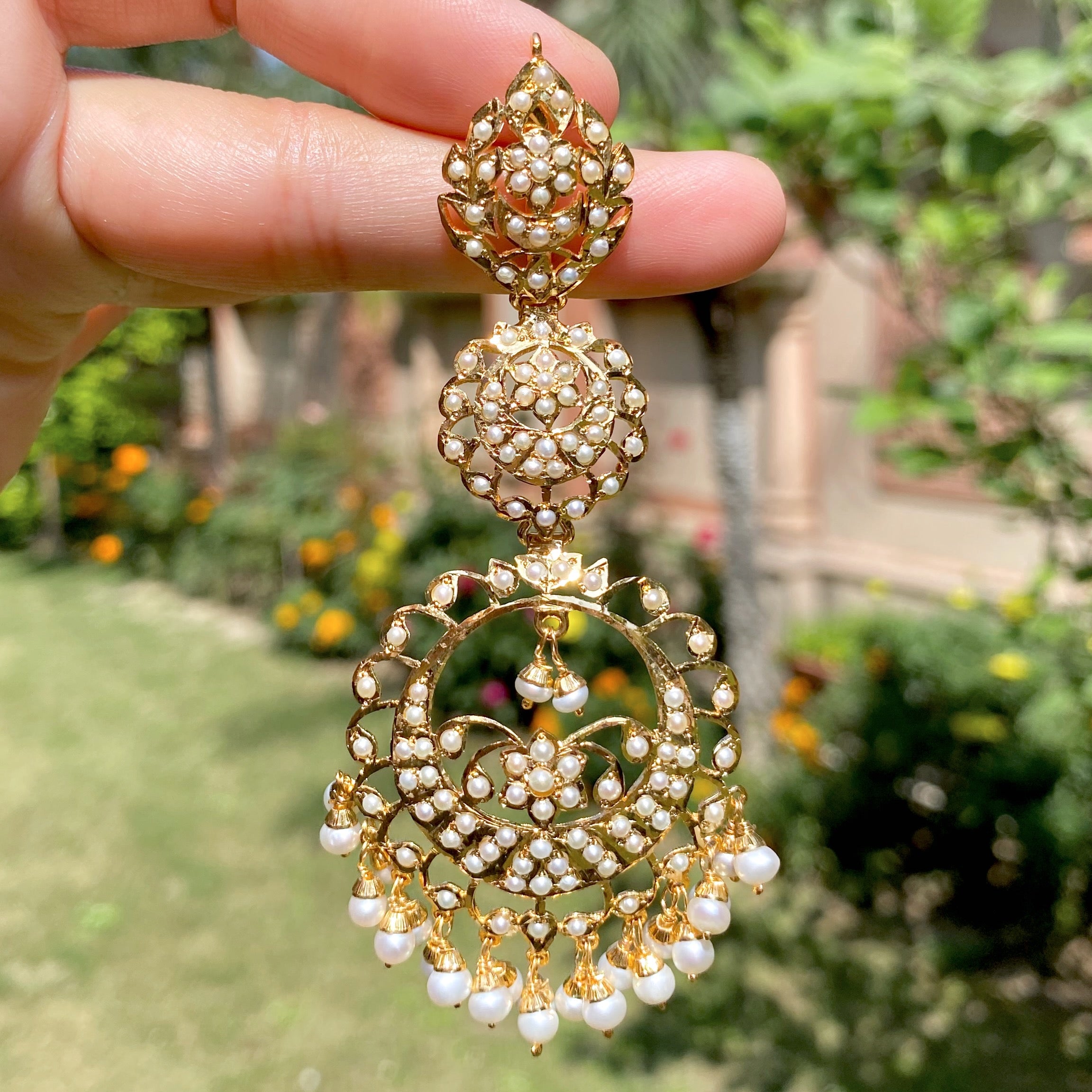 Statement Pearl Chandbali Earrings | Real Pearls | Gold Plated on Silver ER 648