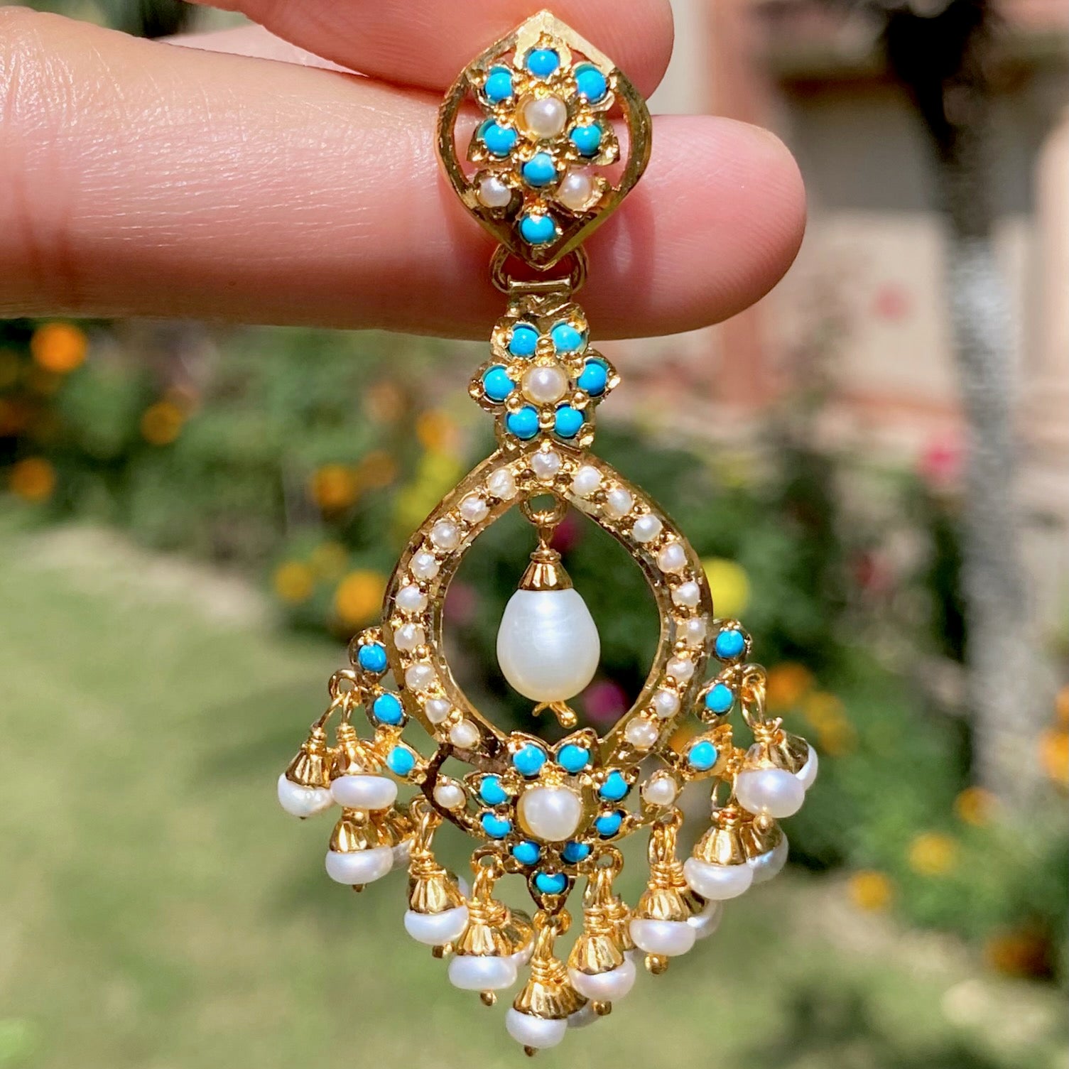 Elegant Pearl and Turquoise Danglers | Gold Plated on 925 Silver ER 646