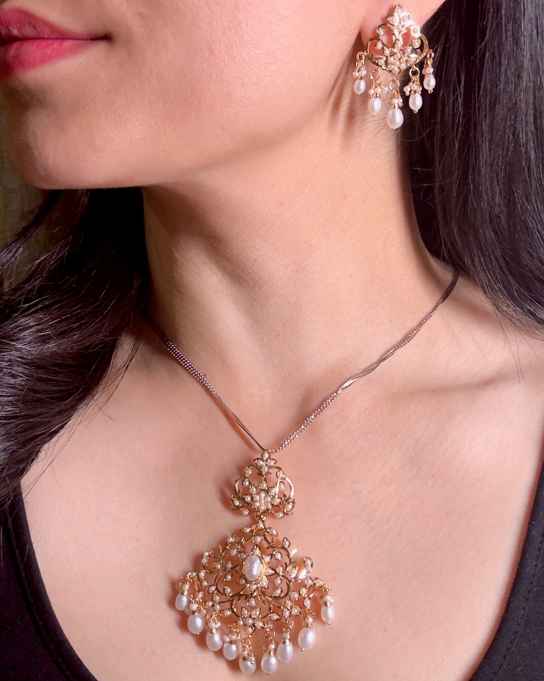 Womens Pearl Pendant Set | Gold Plated on 925 Silver | Jadau Jewelry PS 118