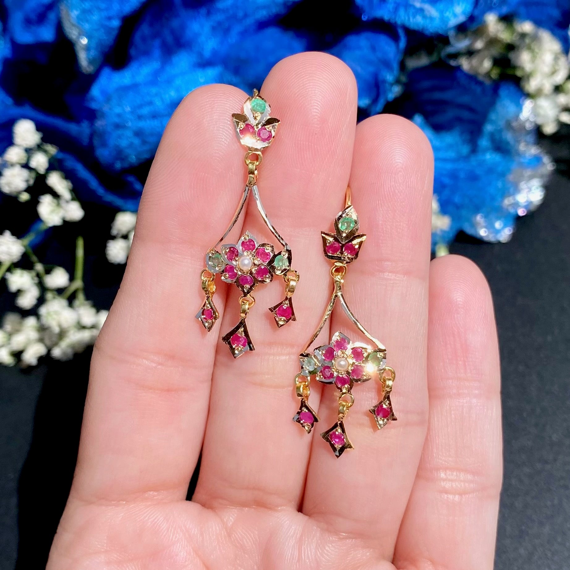 Cute Jadau Earrings on 22k Gold | Fishhook Closure | Real Rubies and Emeralds GER 115