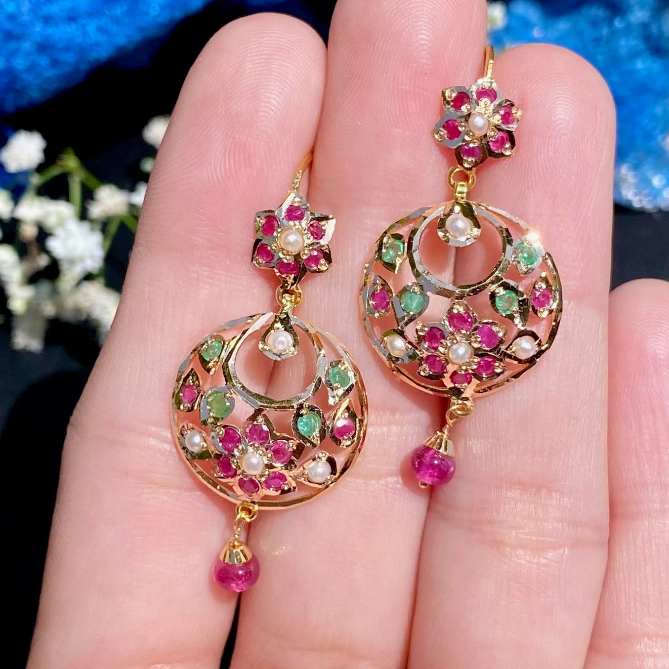 Delicate Jadau Chandbali on 22k Gold | Fishhook Closure | Real Rubies and Emeralds GER 114