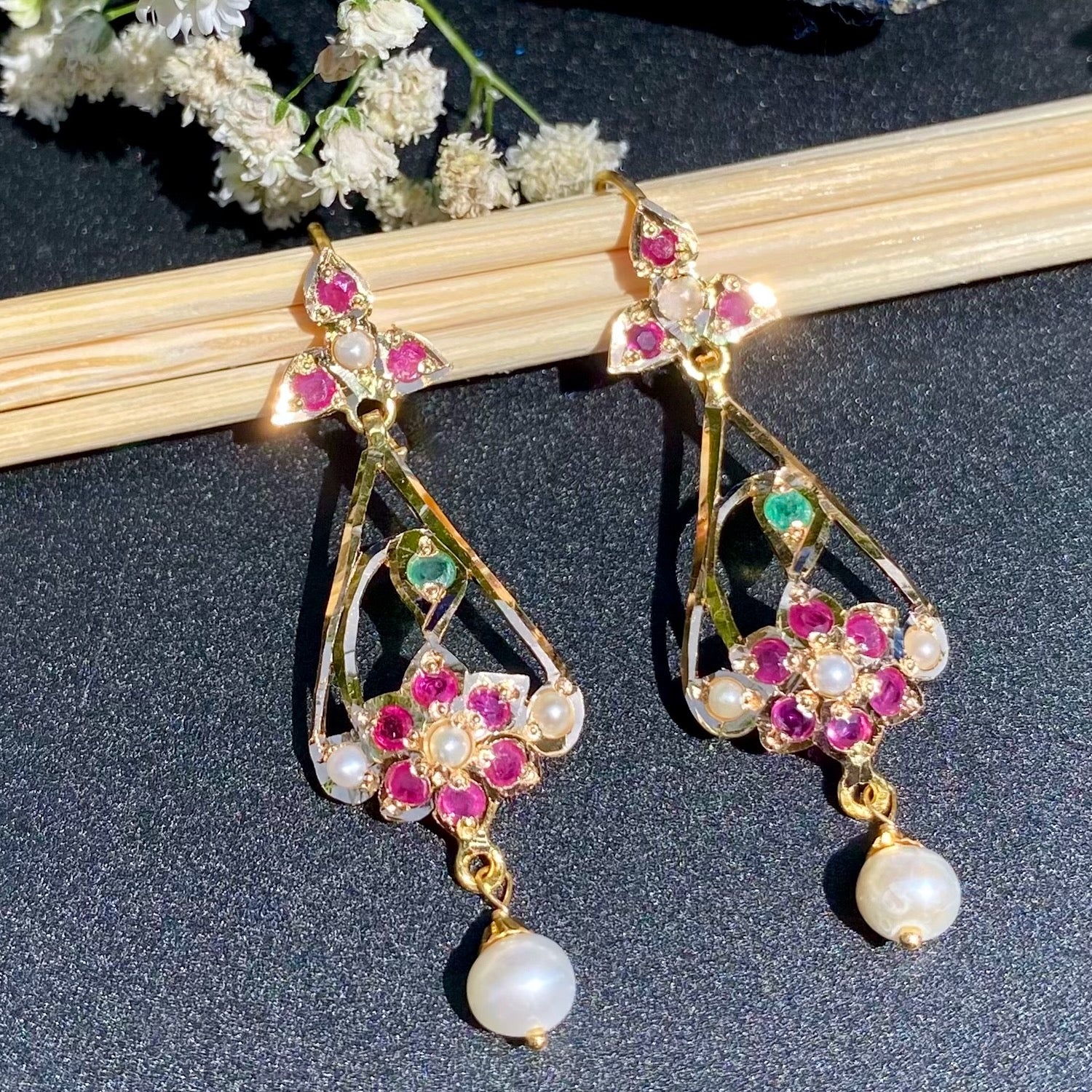 Dainty Gold Earrings Studded with Pearls Rubies and Emeralds | Lightweight Earrings on 22k GoldGER 112