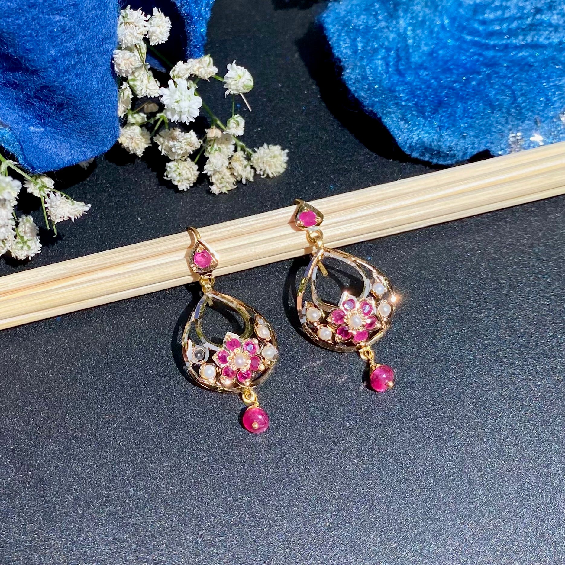 Dainty Drop Shaped Jadau Earrings on 22k Gold | Fishhook Closure | Real Rubies and Pearls Studded GER 118