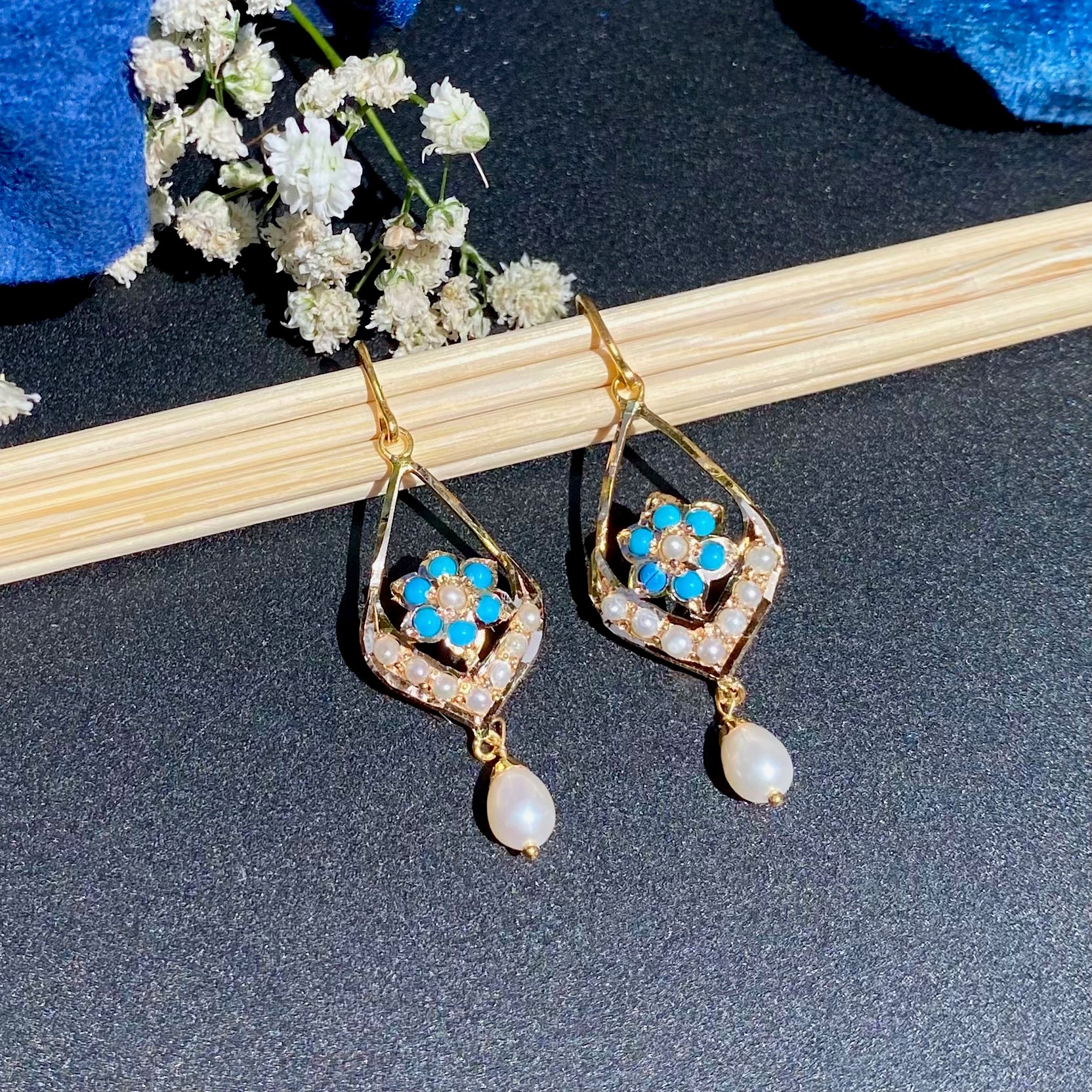 Light Weight Firoza Earrings on 22k Gold | Fishhook Closure GER | Gold Gifts for Her GER 116