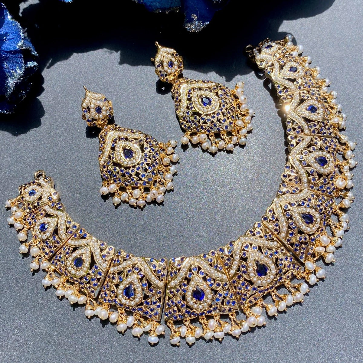 traditional indian pakistani jadau jewelry set with neelam and pearls