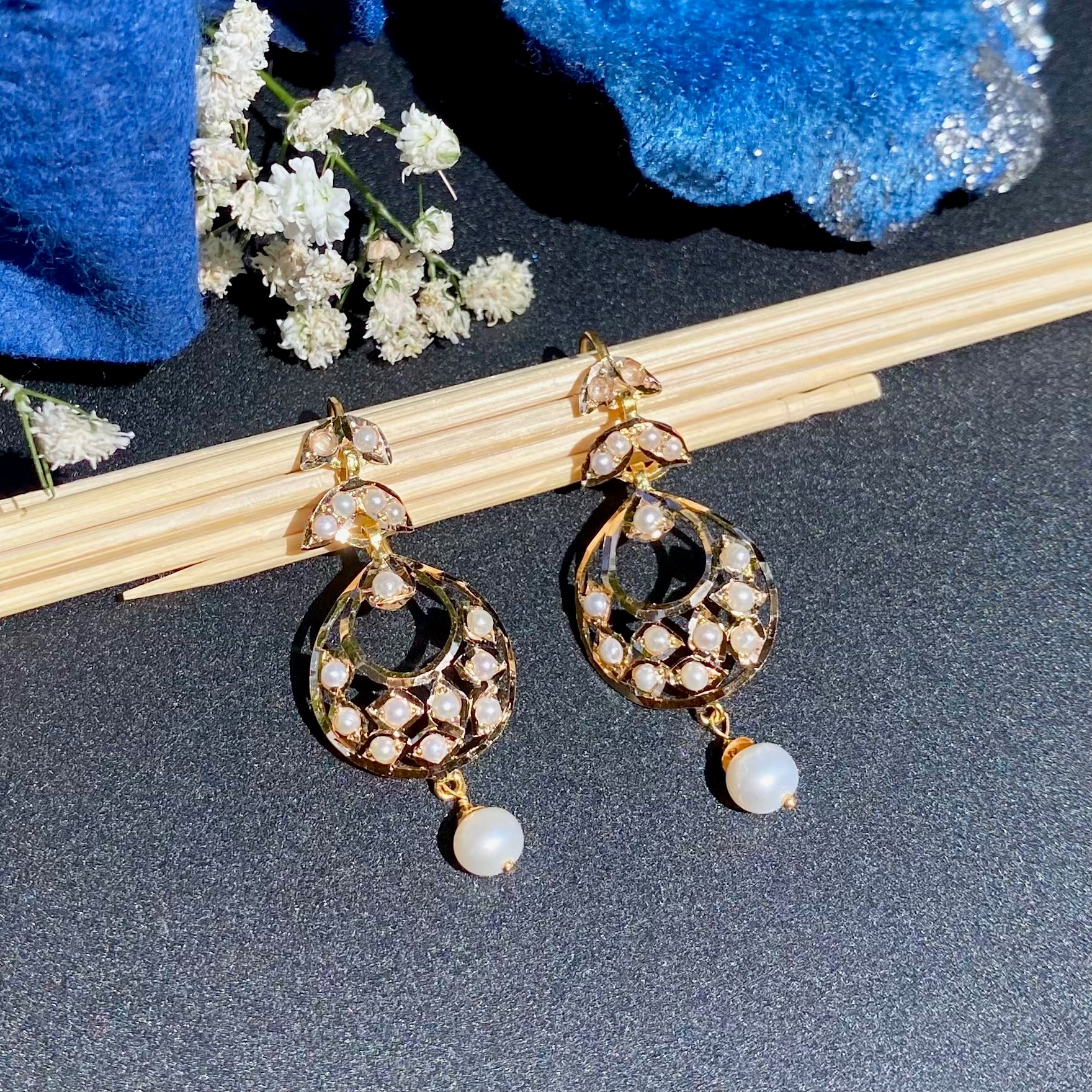 Delicate Jadau Chandbali Earrings on 22k Gold | Freshwater Pearls Studded GER 121