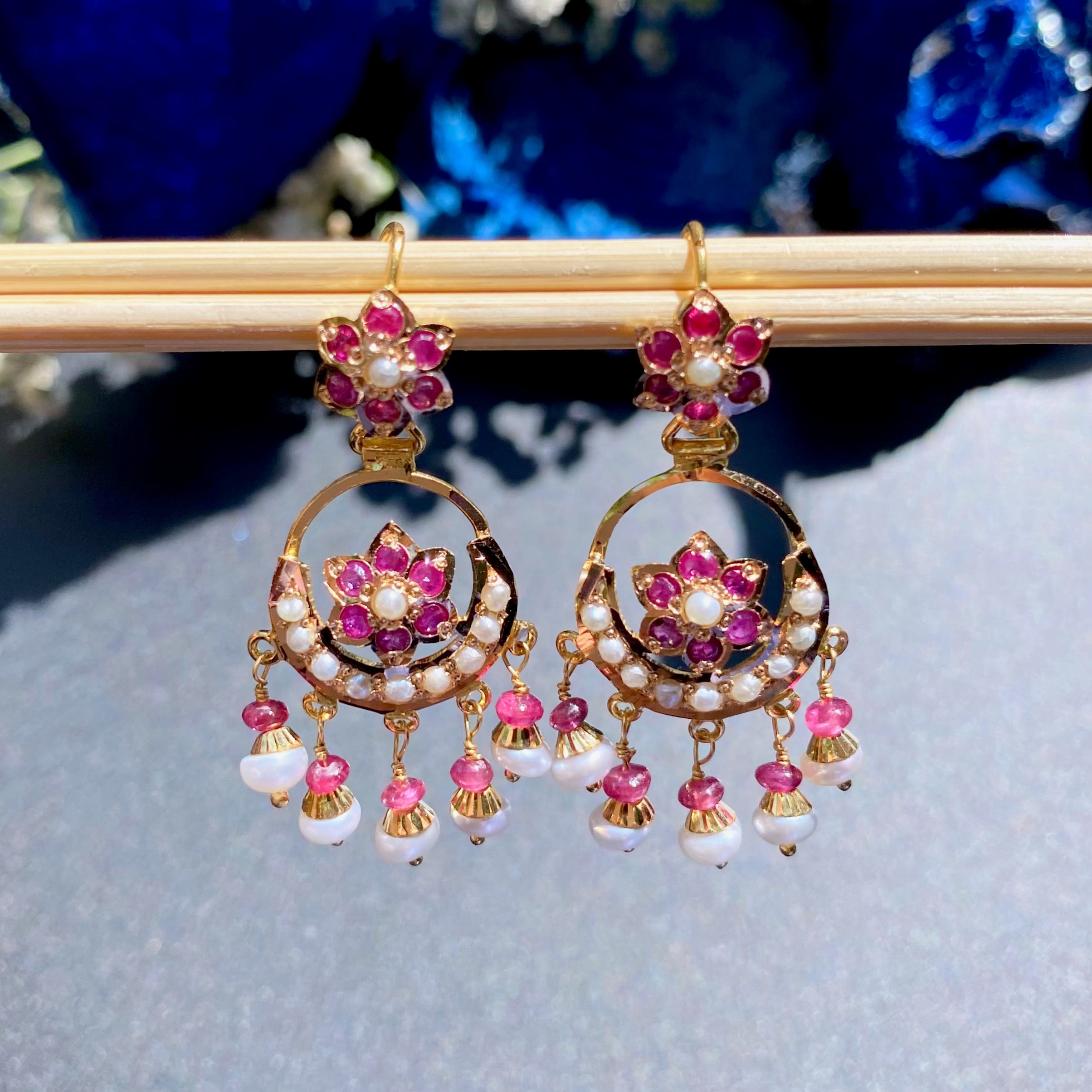 Small Jadau Earrings on 22k Gold | Fishhook Chandbali | Real Rubies and Pearls GER 117