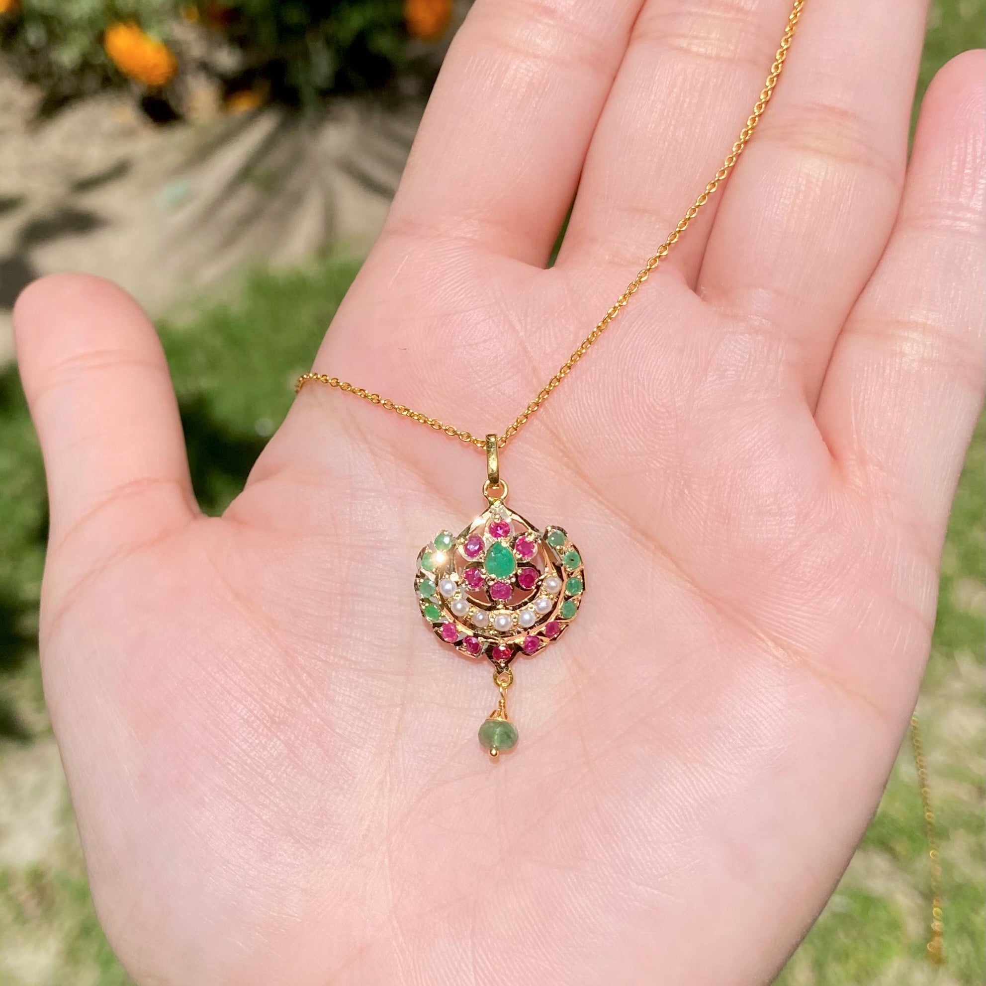 Ruby Emerald Jadau Pendant on 22k Gold | Studded with Precious Stones GP 022