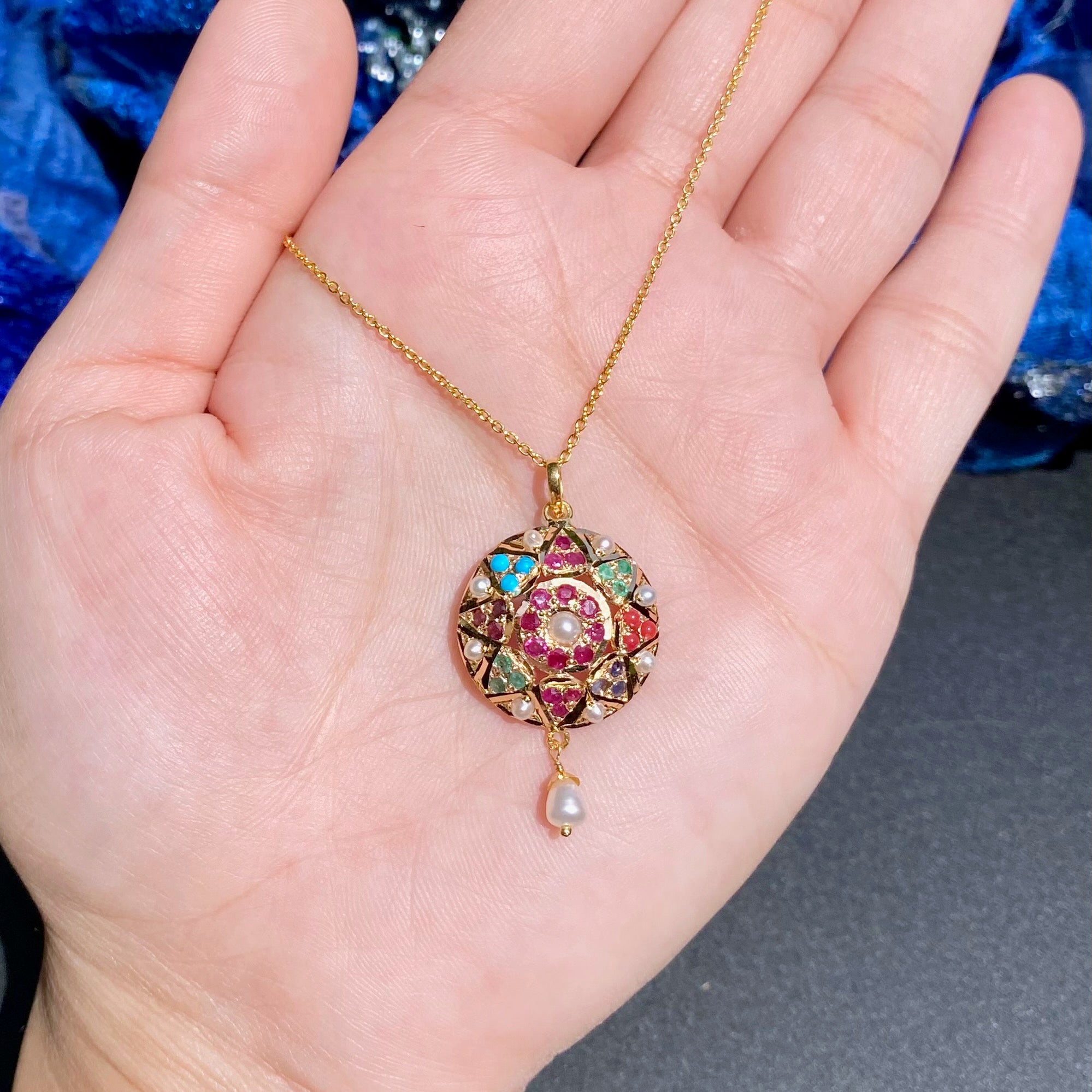Round Navratna Pendant in 22k Gold GP 016