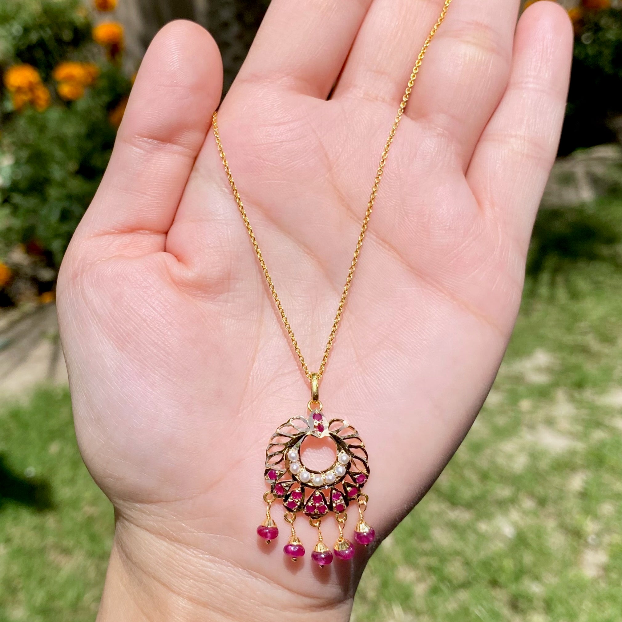 Ruby & Pearl Pendant | 22k Hallmark Gold Jadau Jewelry GP 027